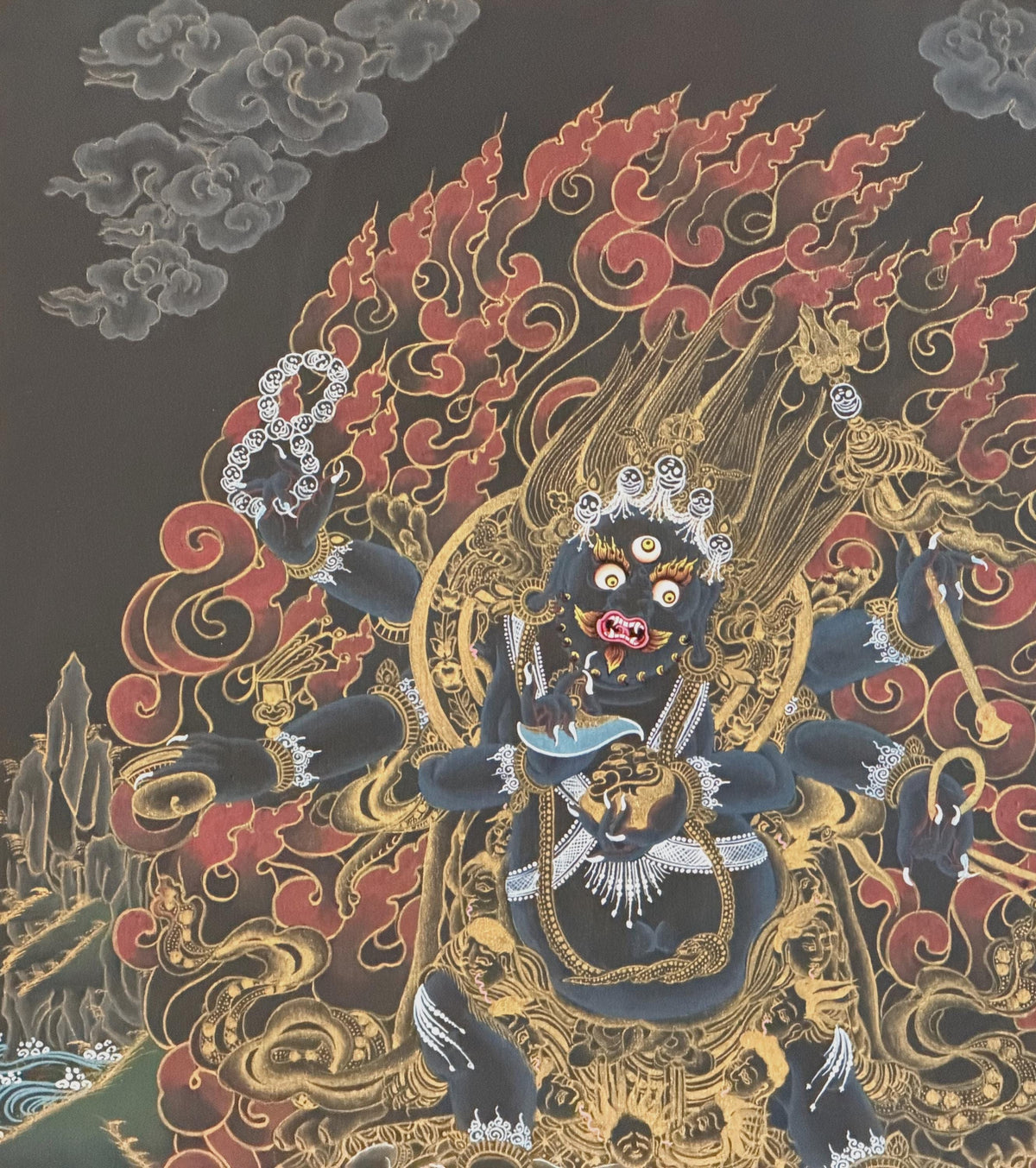 Six-Armed Black Mahakala Thangka | Tibetan Buddhist Protector Painting | Silk Brocade Wall Art | Hand-Painted in Nepal