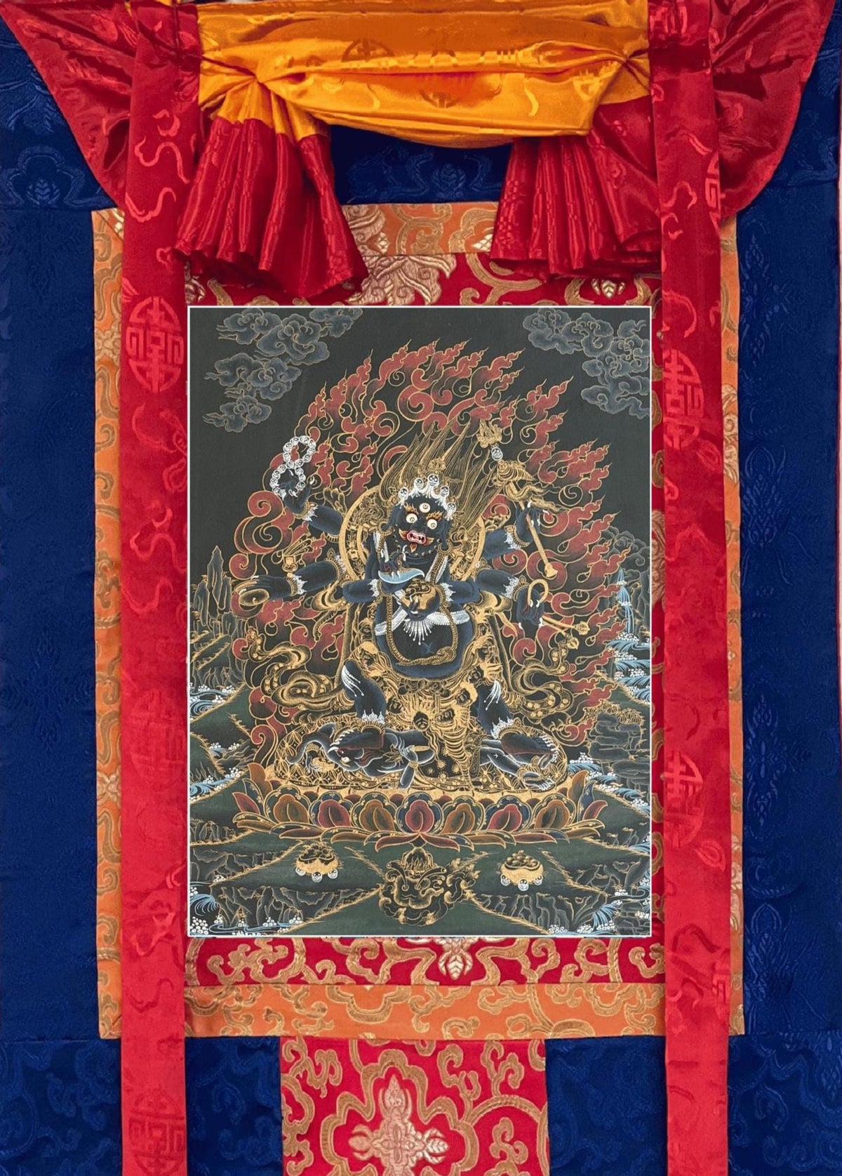 Six-Armed Black Mahakala Thangka | Tibetan Buddhist Protector Painting | Silk Brocade Wall Art | Hand-Painted in Nepal