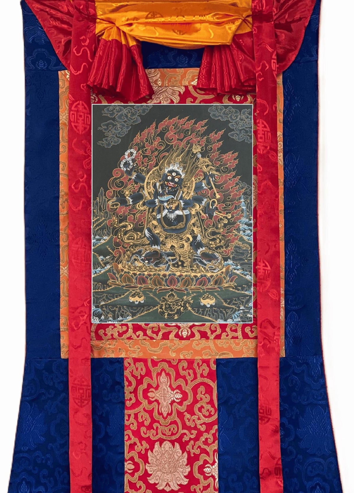 Six-Armed Black Mahakala Thangka | Tibetan Buddhist Protector Painting | Silk Brocade Wall Art | Hand-Painted in Nepal
