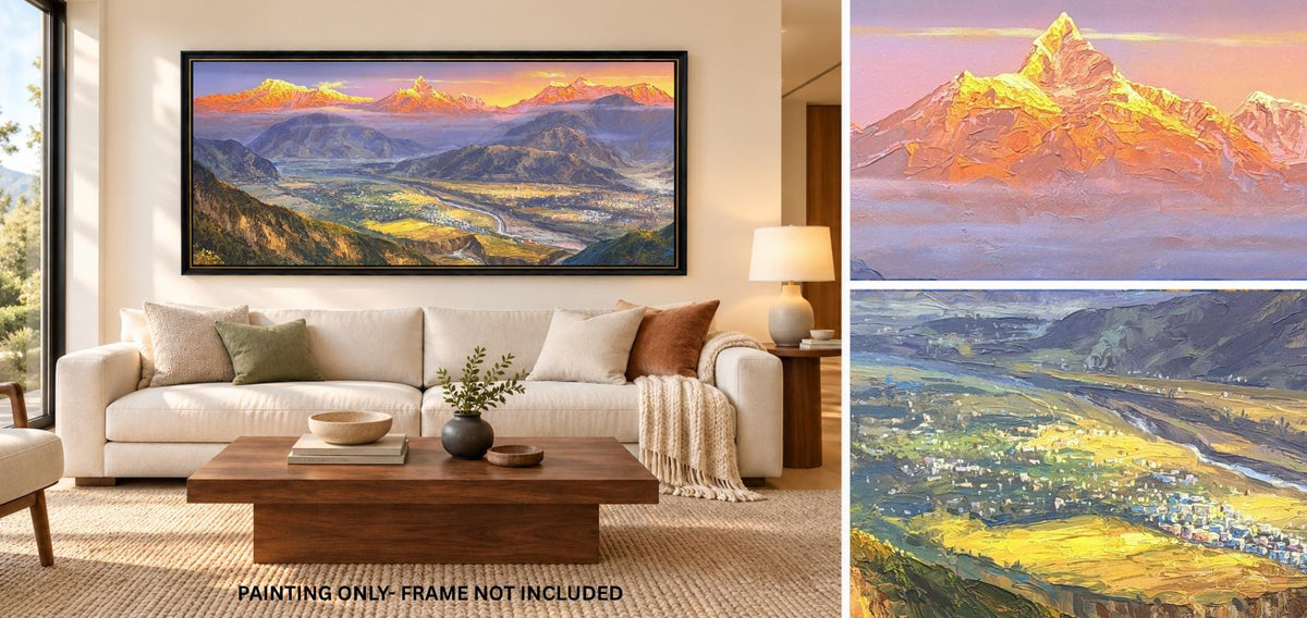 Annapurna Sunrise Acrylic Painting on Canvas, Pokhara Valley and Machhapuchhre, Panoramic Nepal Mountain Art, 30 x 72 Inches