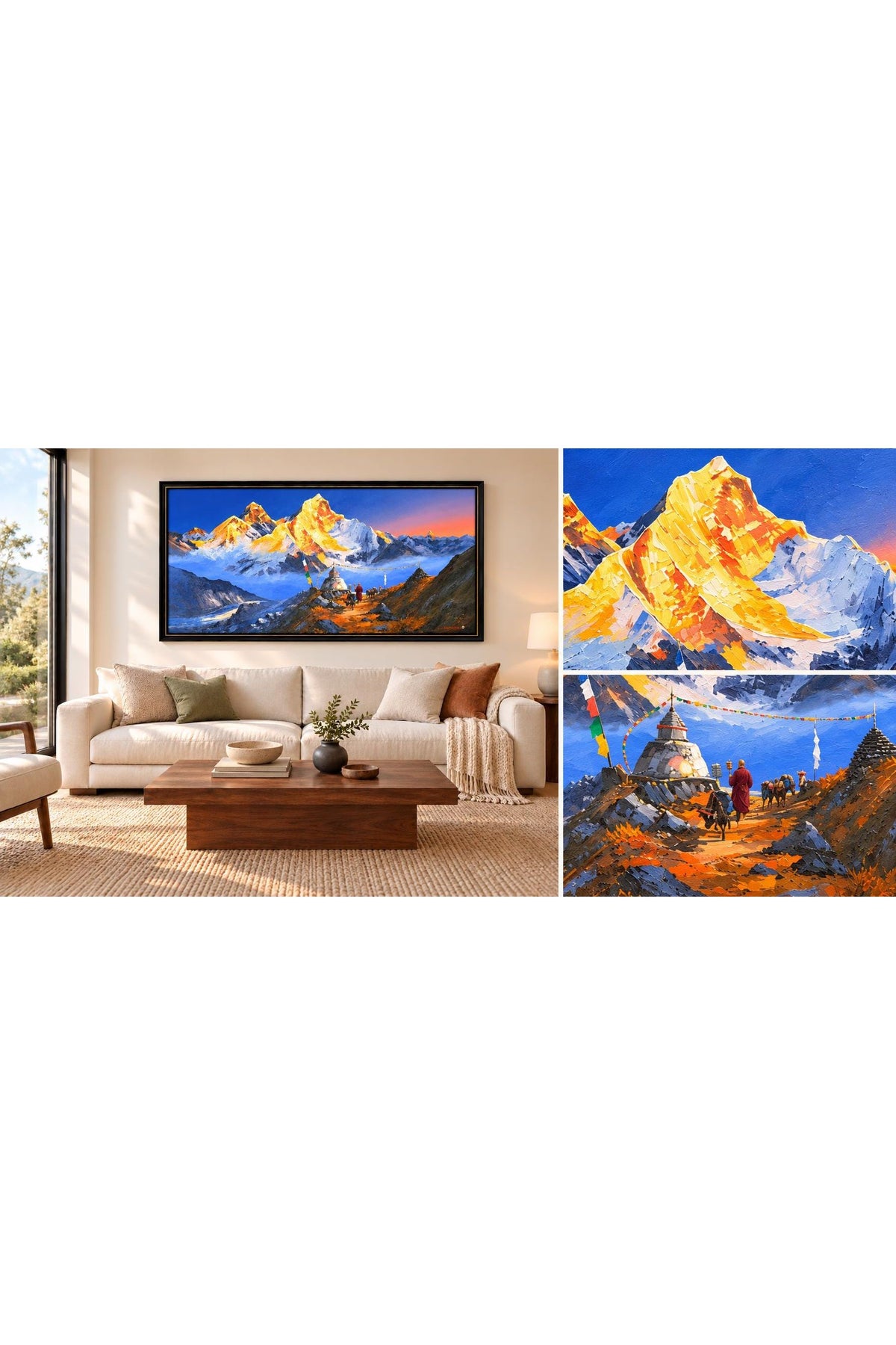 Mount Everest Sunrise Acrylic Painting on Canvas, Himalayan Landscape with Buddhist Stupa, 36 x 60 Inches