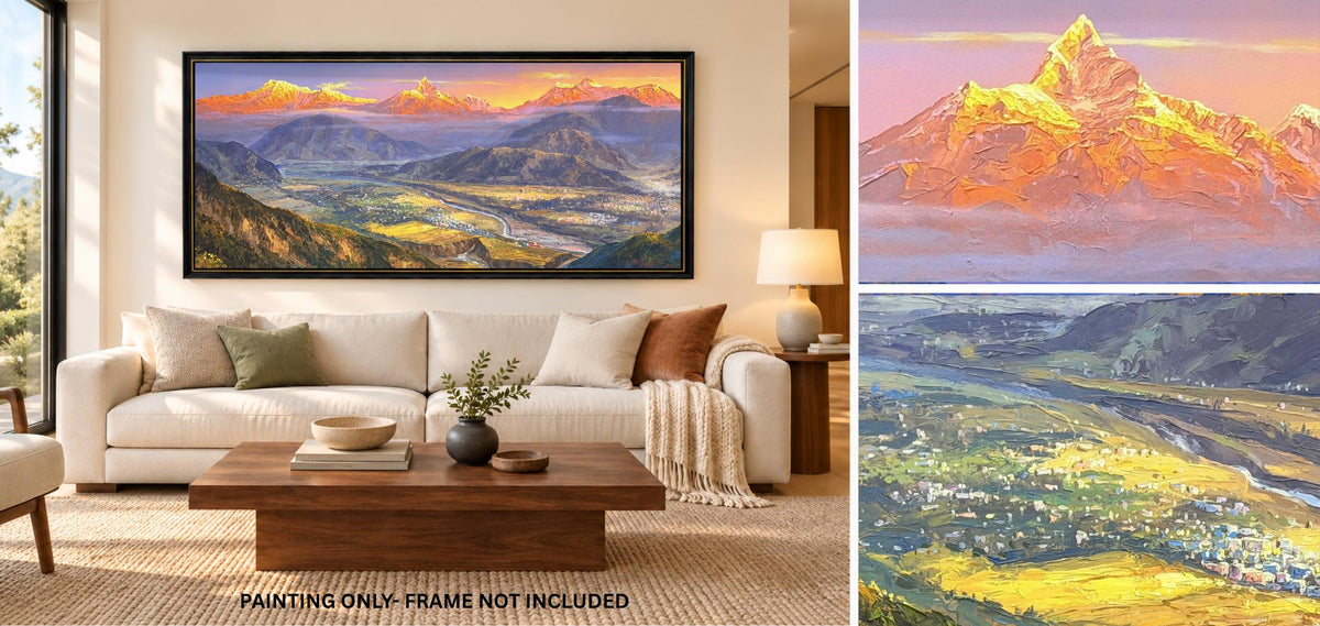 Annapurna Sunrise Acrylic Painting on Canvas, Pokhara Valley and Machhapuchhre, Panoramic Nepal Mountain Art, 30 x 72 Inches
