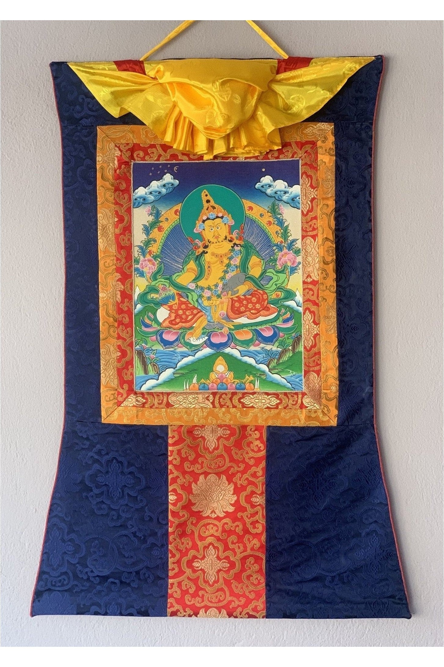 Jambala/ Jambhala/ Dzambala/ Zambala/ Kuber - Wealth Deity Tibetan Thangka Painting/ Original Hand - painted Art with Silk Frame - Tibetan Thangka Art