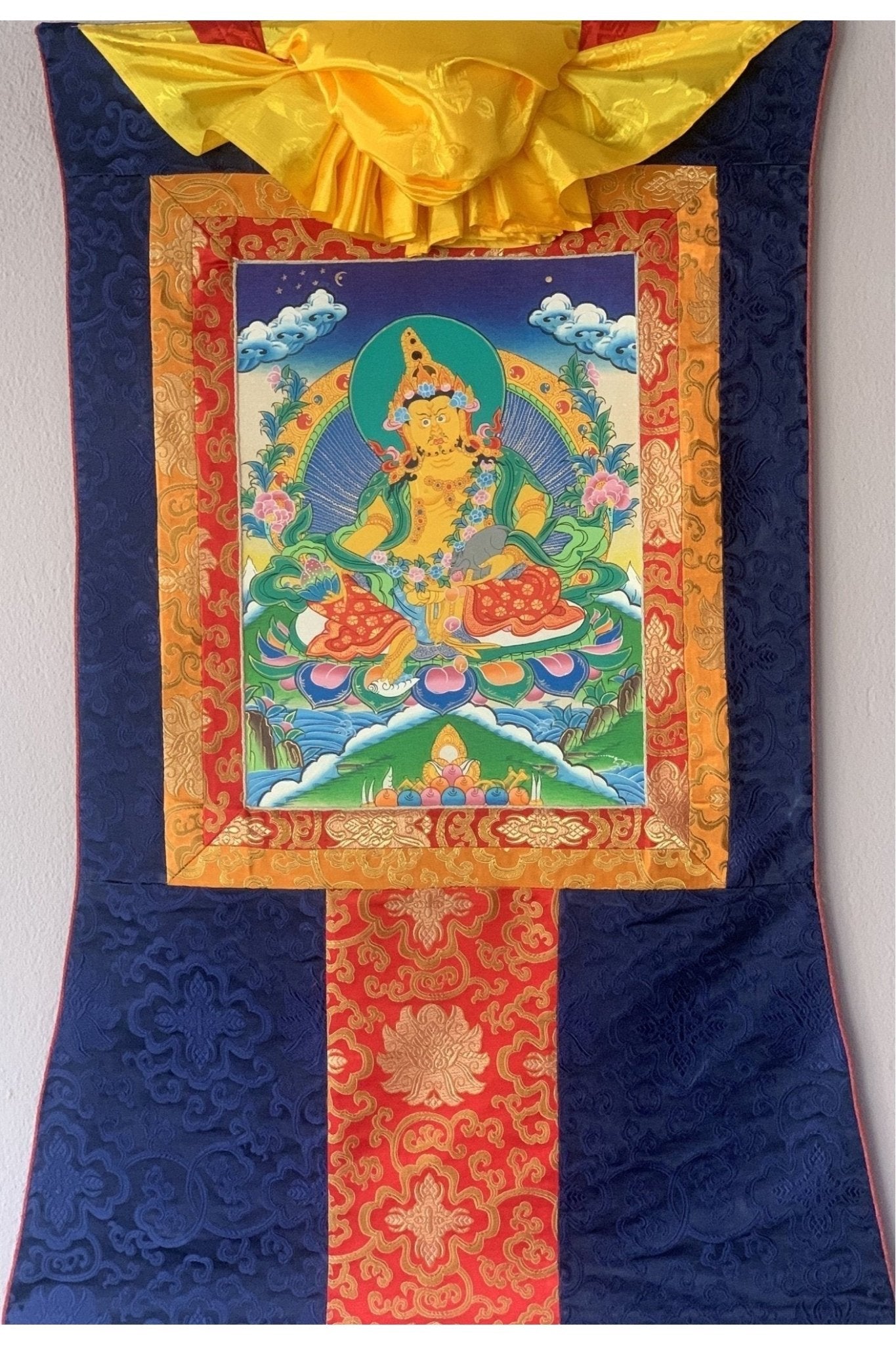 Jambala/ Jambhala/ Dzambala/ Zambala/ Kuber - Wealth Deity Tibetan Thangka Painting/ Original Hand - painted Art with Silk Frame - Tibetan Thangka Art