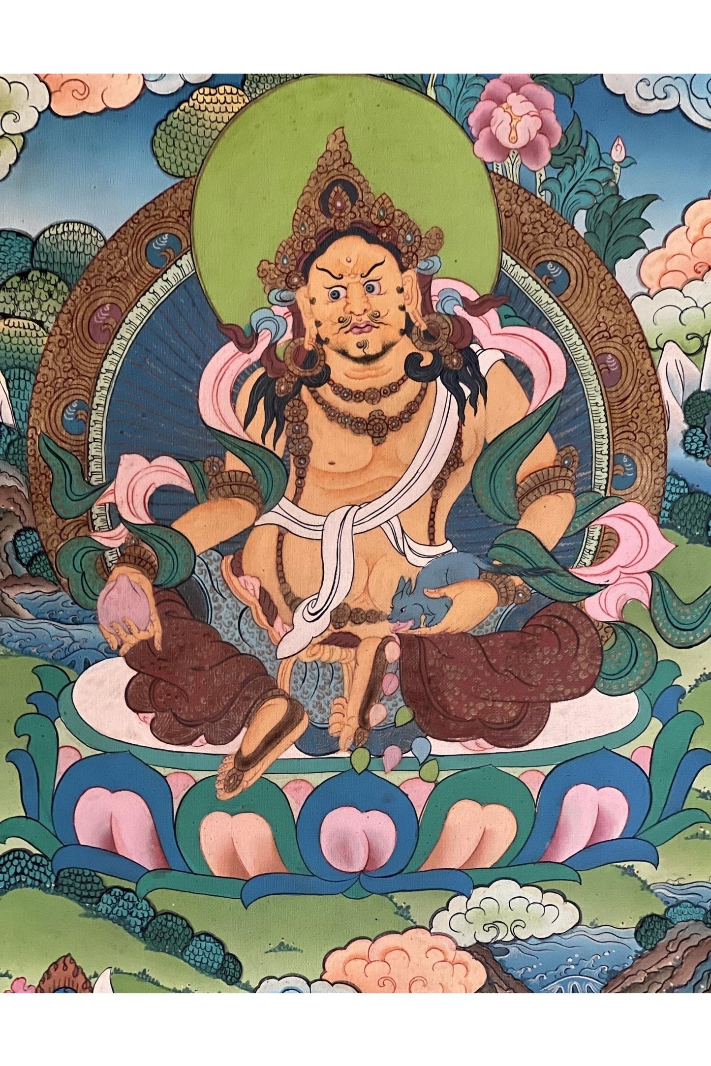 Jambhala/ Dzambala/ Zambala /Jambala/ Kubera God of Wealth Original Masterpiece Smoky Gold Tibetan Thangka Painting with Silk Brocade - Tibetan Thangka Art