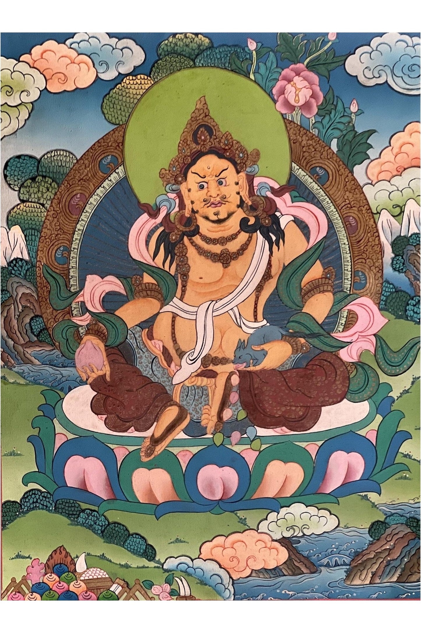 Jambhala/ Dzambala/ Zambala /Jambala/ Kubera God of Wealth Original Masterpiece Smoky Gold Tibetan Thangka Painting with Silk Brocade - Tibetan Thangka Art