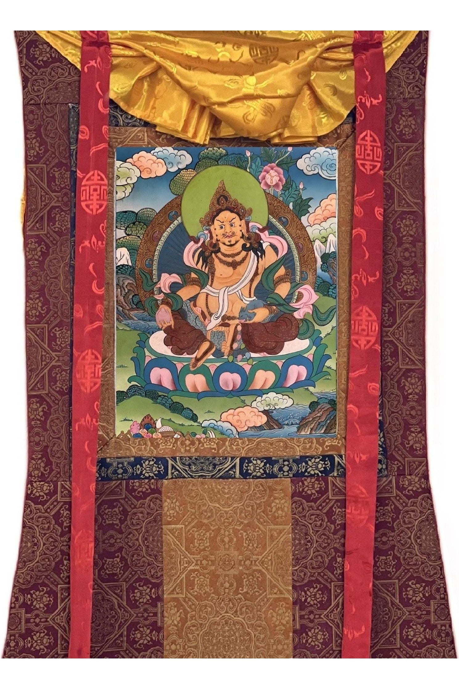 Jambhala/ Dzambala/ Zambala /Jambala/ Kubera God of Wealth Original Masterpiece Smoky Gold Tibetan Thangka Painting with Silk Brocade - Tibetan Thangka Art