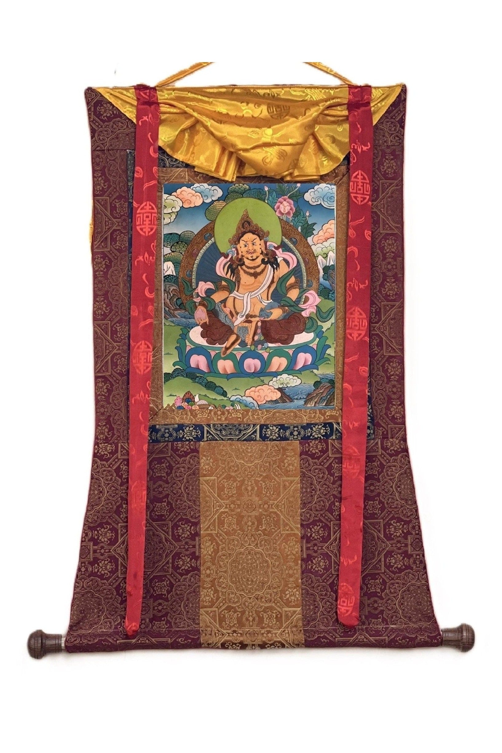 Jambhala/ Dzambala/ Zambala /Jambala/ Kubera God of Wealth Original Masterpiece Smoky Gold Tibetan Thangka Painting with Silk Brocade - Tibetan Thangka Art