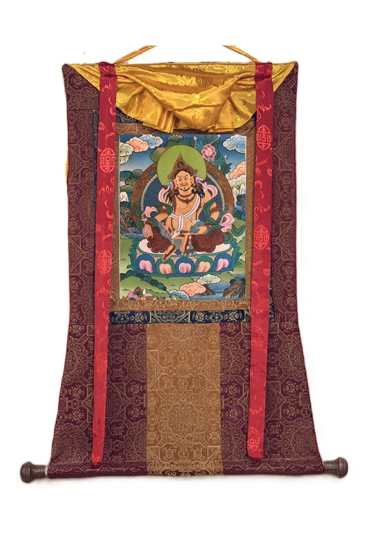 Jambhala/ Dzambala/ Zambala /Jambala/ Kubera God of Wealth Original Masterpiece Smoky Gold Tibetan Thangka Painting with Silk Brocade - Tibetan Thangka Art