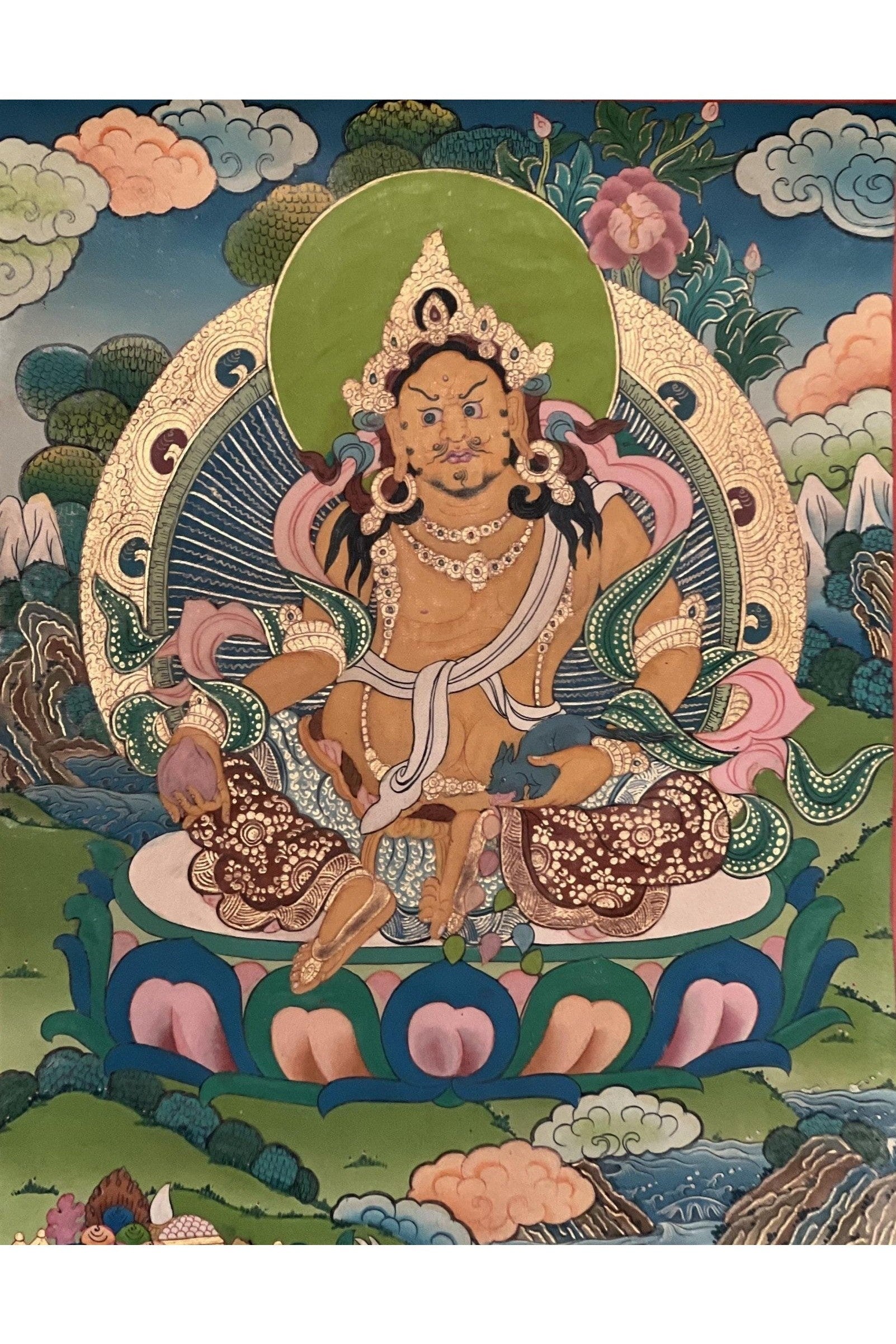 Jambhala/ Dzambala/ Zambala /Jambala/ Kubera God of Wealth Original Masterpiece Smoky Gold Tibetan Thangka Painting with Silk Brocade - Tibetan Thangka Art