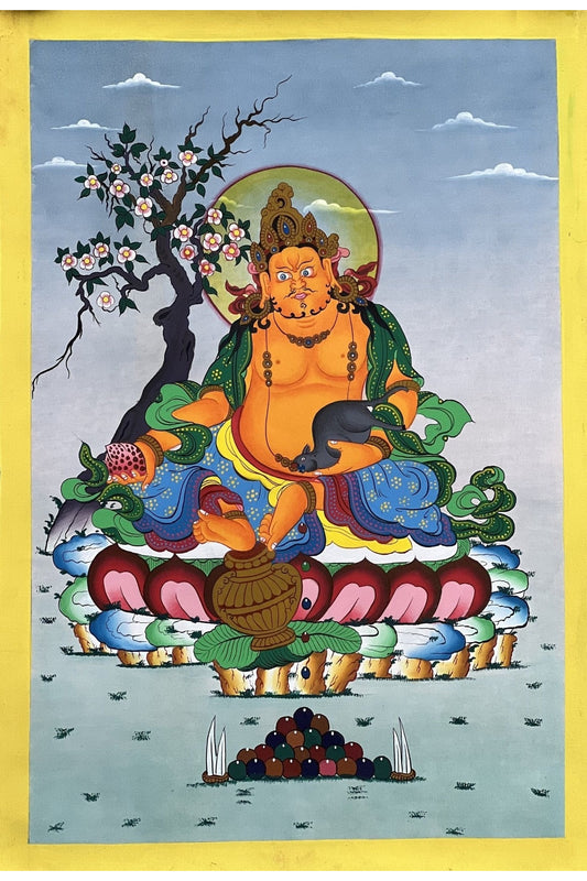 Jambhala/ Dzambhala/ Dzambala/ Zambala /Jambala/ Kubera God of Wealth Original Masterpiece Newari Paubha Style Tibetan Thangka Painting - Tibetan Thangka Art