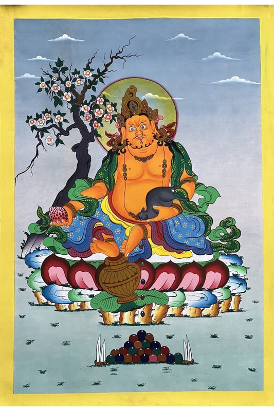 Jambhala/ Dzambhala/ Dzambala/ Zambala /Jambala/ Kubera God of Wealth Original Masterpiece Newari Paubha Style Tibetan Thangka Painting - Tibetan Thangka Art