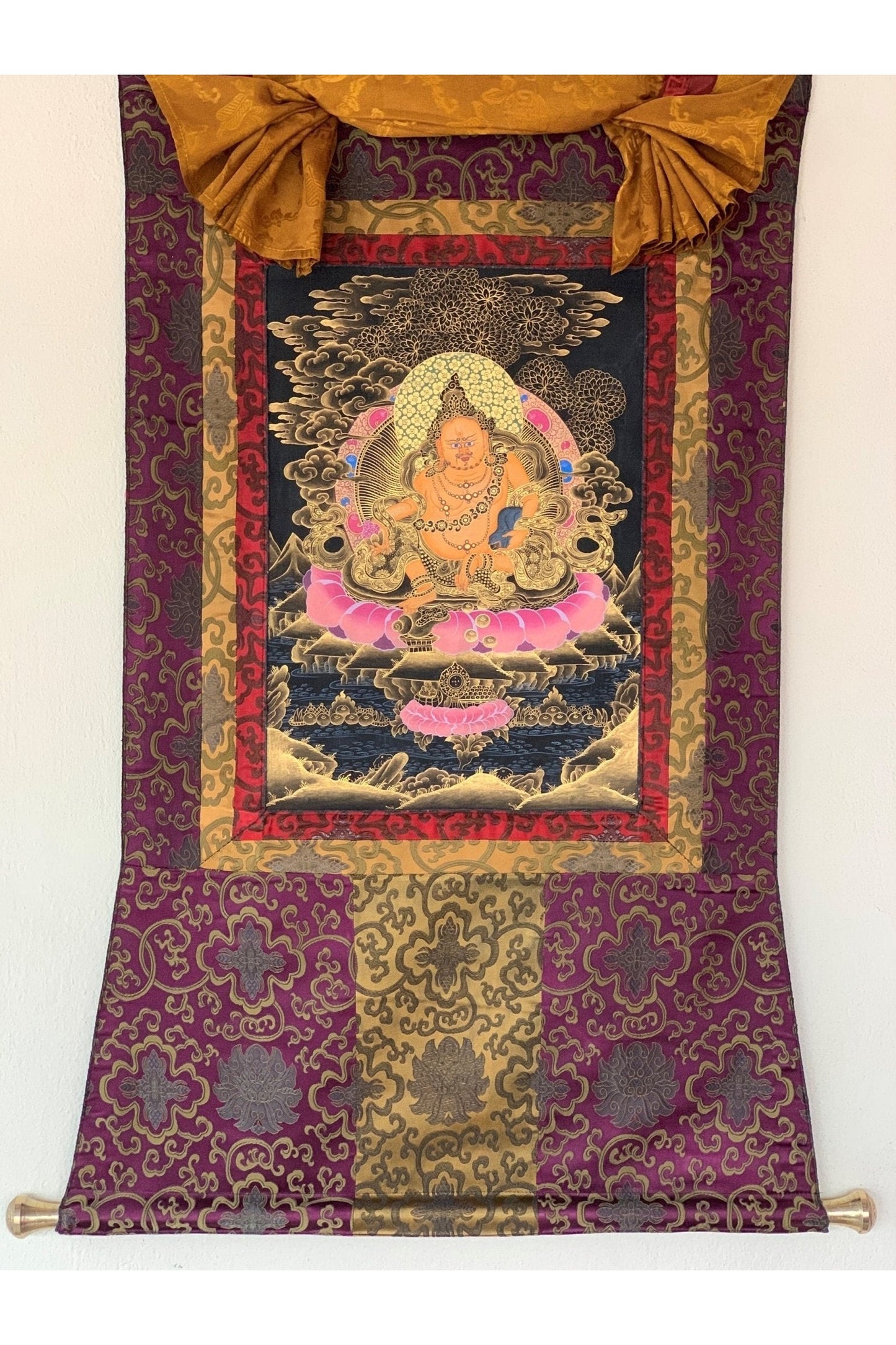 Jambhala/Dzambhala/Zambala/ Kuber God of Wealth Master Quality Tibetan Thangka Painting Original Art with Silk Brocade - Tibetan Thangka Art