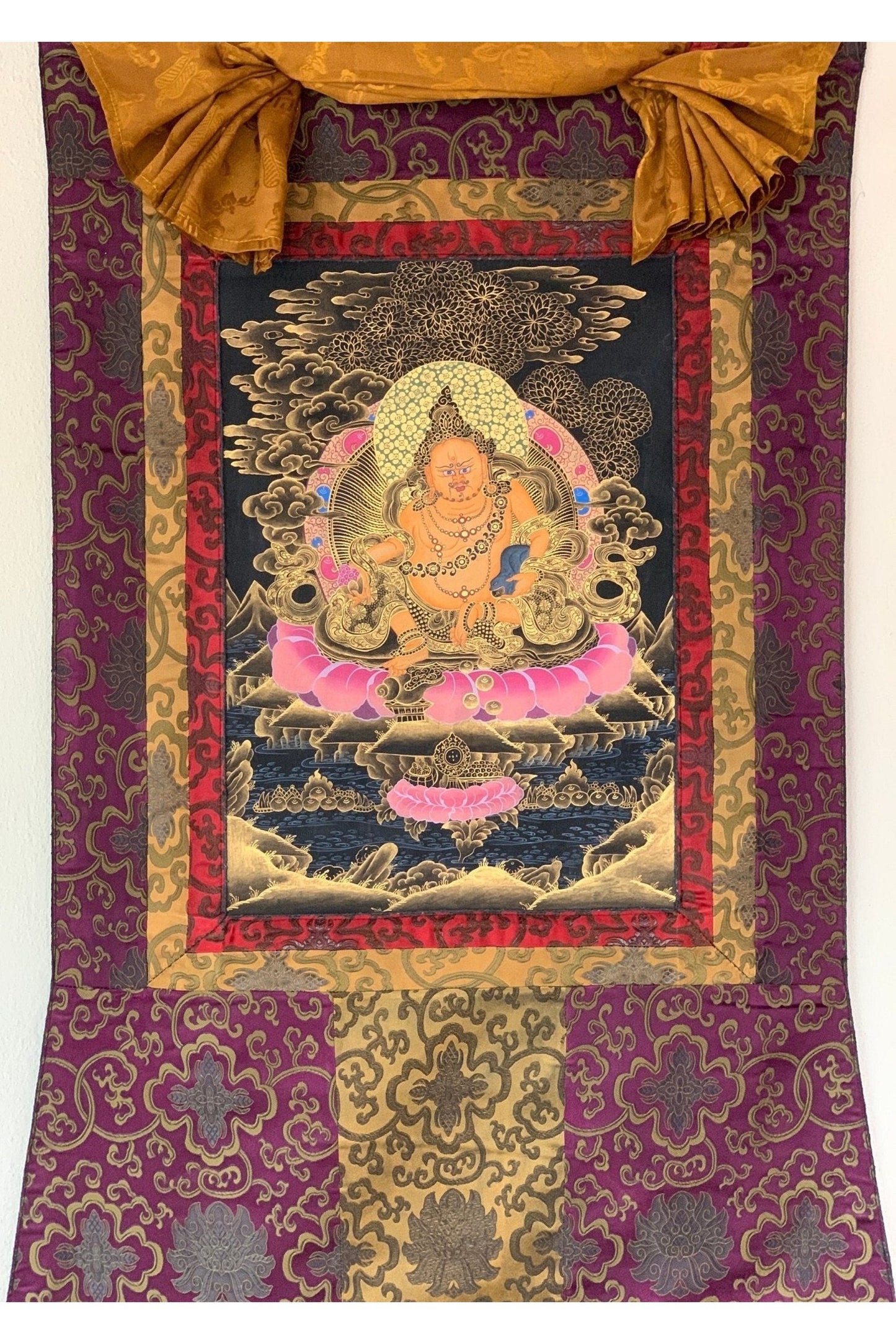 Jambhala/Dzambhala/Zambala/ Kuber God of Wealth Master Quality Tibetan Thangka Painting Original Art with Silk Brocade - Tibetan Thangka Art
