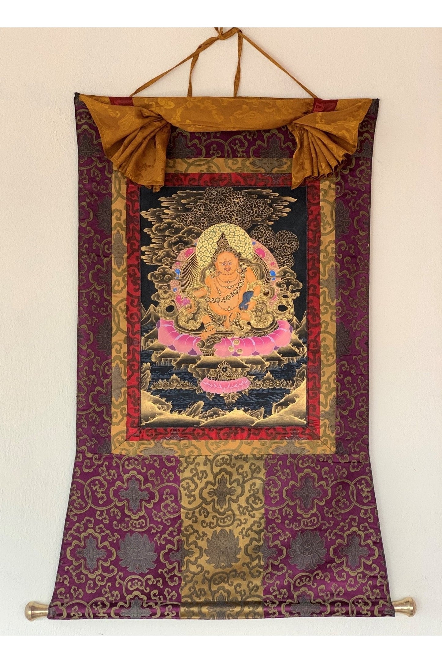 Jambhala/Dzambhala/Zambala/ Kuber God of Wealth Master Quality Tibetan Thangka Painting Original Art with Silk Brocade - Tibetan Thangka Art