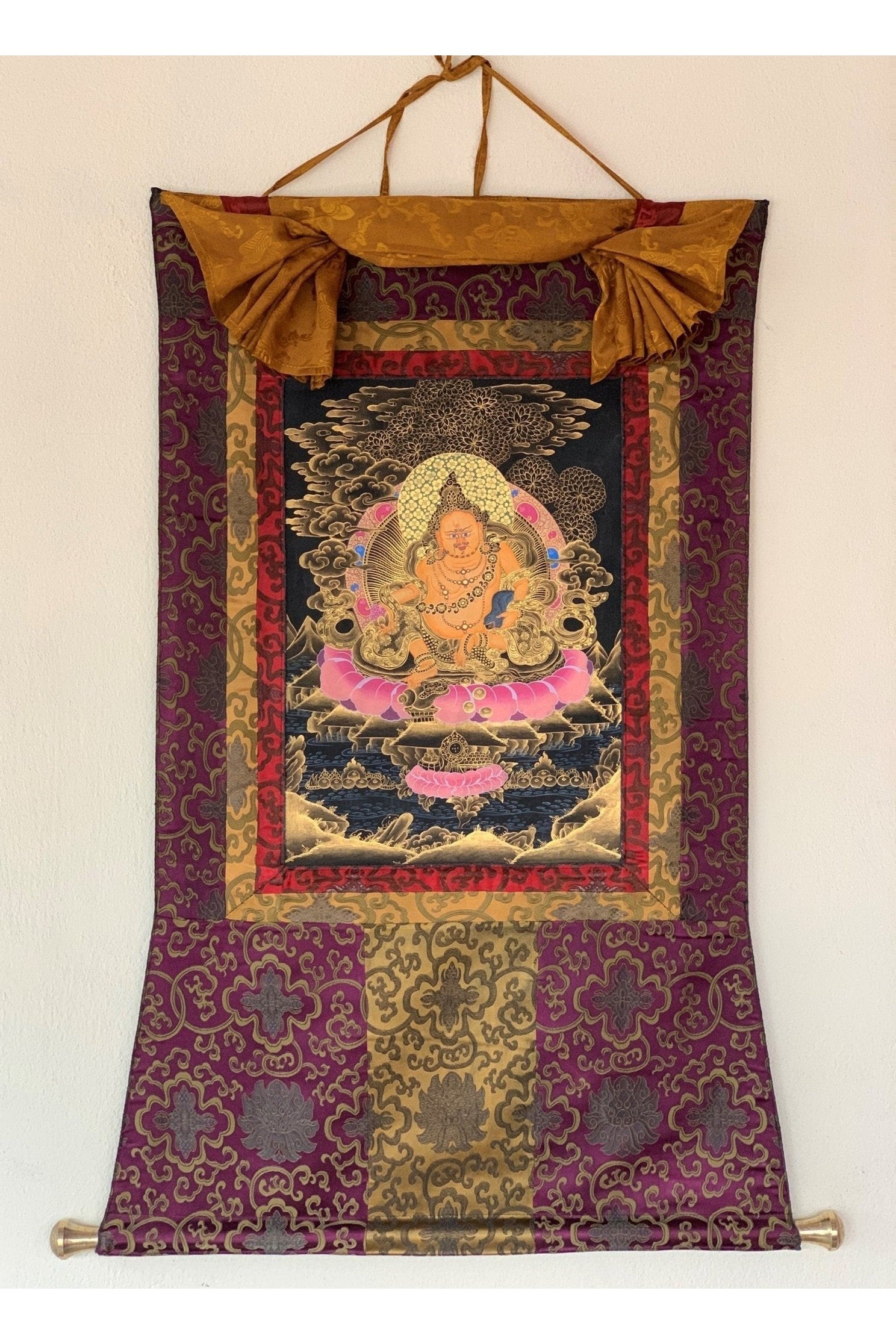 Jambhala/Dzambhala/Zambala/ Kuber God of Wealth Master Quality Tibetan Thangka Painting Original Art with Silk Brocade - Tibetan Thangka Art
