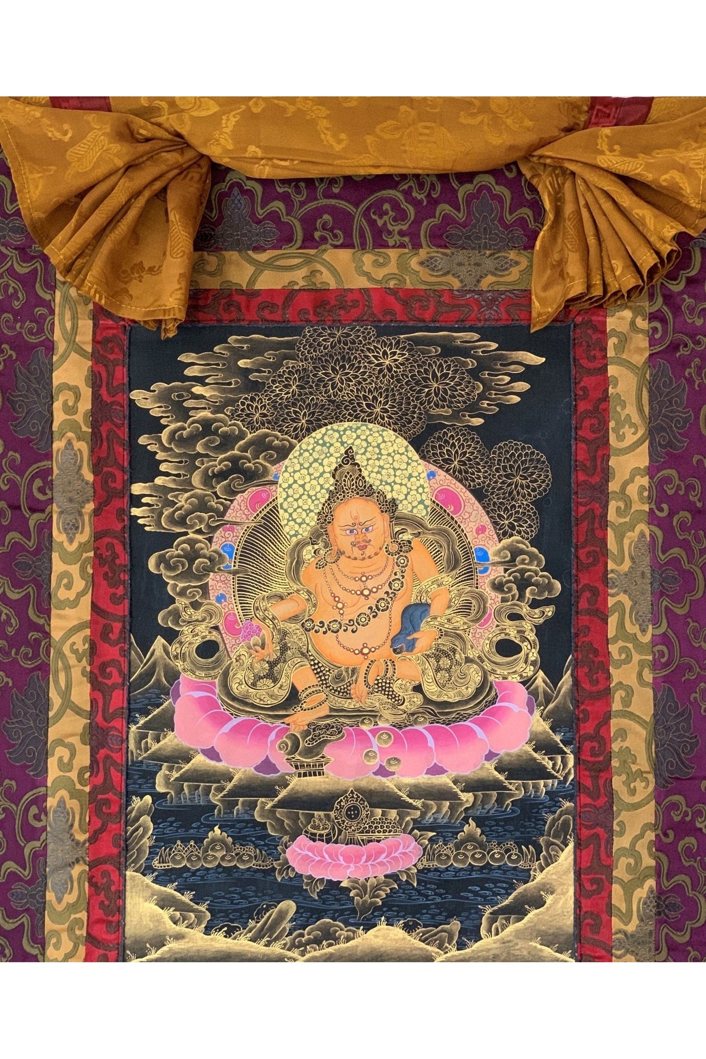 Jambhala/Dzambhala/Zambala/ Kuber God of Wealth Master Quality Tibetan Thangka Painting Original Art with Silk Brocade - Tibetan Thangka Art