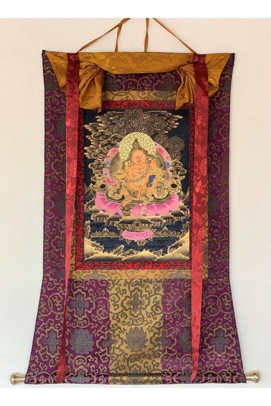 Jambhala/Dzambhala/Zambala/ Kuber God of Wealth Master Quality Tibetan Thangka Painting Original Art with Silk Brocade - Tibetan Thangka Art