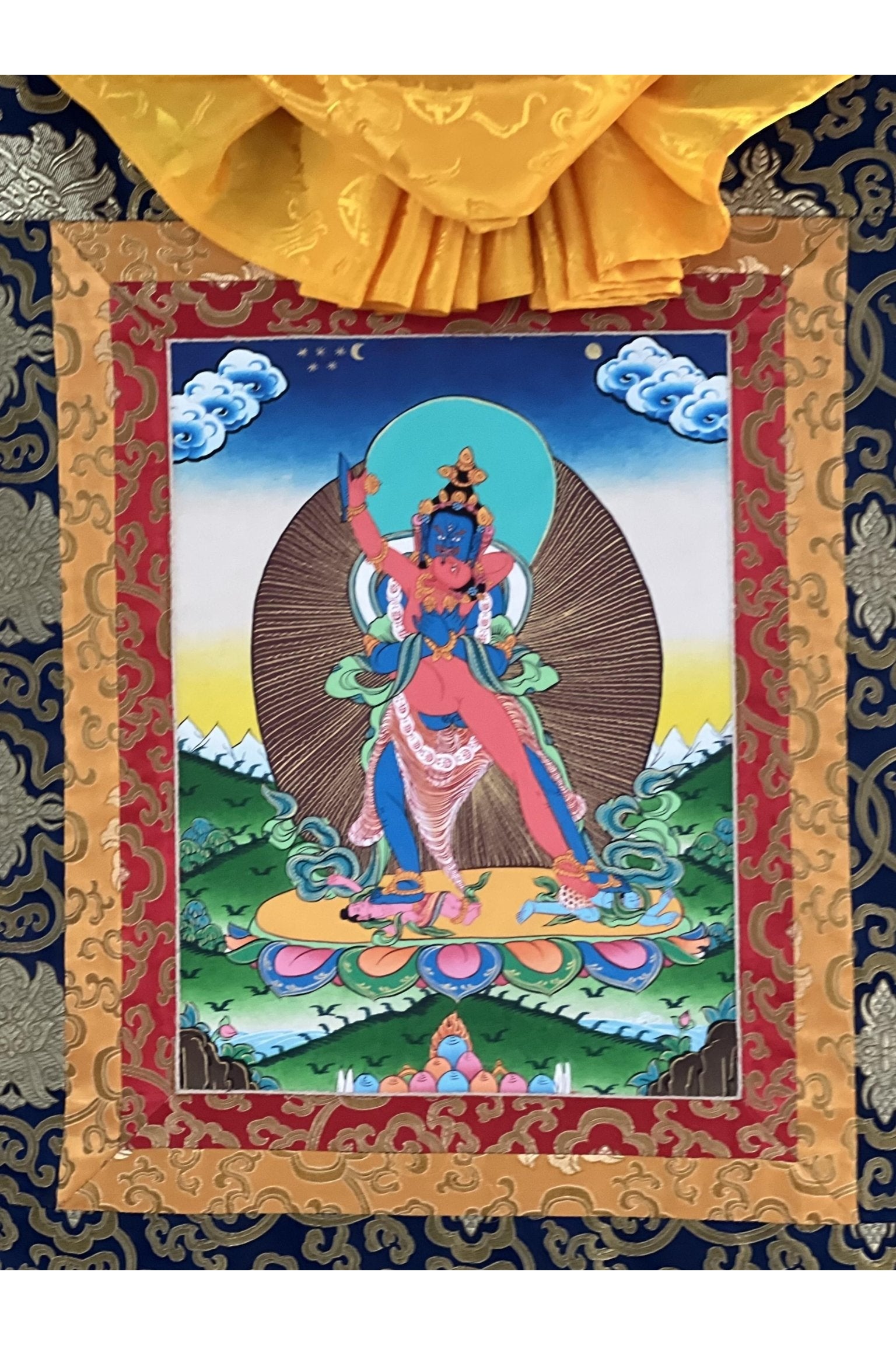 Kalachakra Deity with Visvamata in Yab - Yum (Divine Union) Original Hand - Painted Tibetan Thangka Painting Framed with Silk Brocade - Tibetan Thangka Art