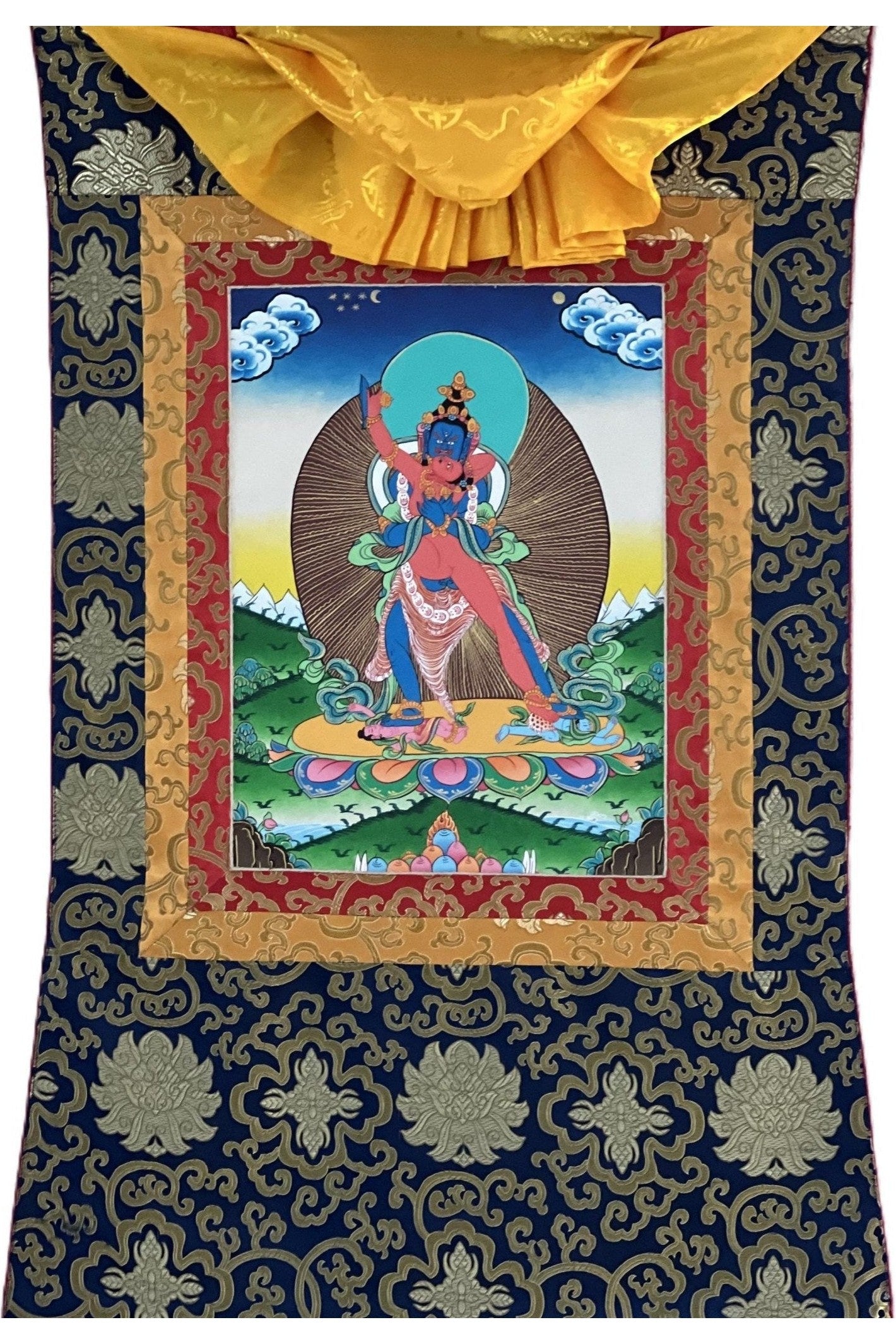 Kalachakra Deity with Visvamata in Yab - Yum (Divine Union) Original Hand - Painted Tibetan Thangka Painting Framed with Silk Brocade - Tibetan Thangka Art