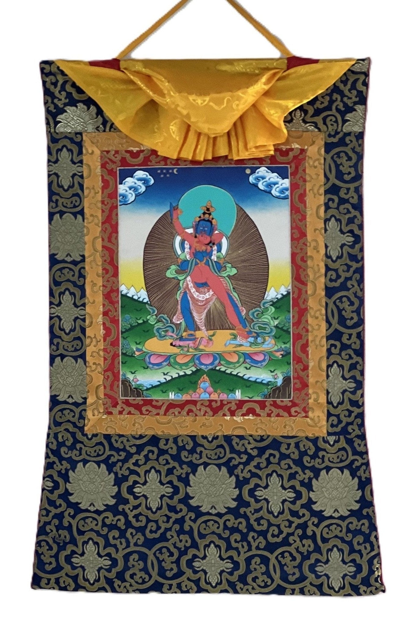 Kalachakra Deity with Visvamata in Yab - Yum (Divine Union) Original Hand - Painted Tibetan Thangka Painting Framed with Silk Brocade - Tibetan Thangka Art