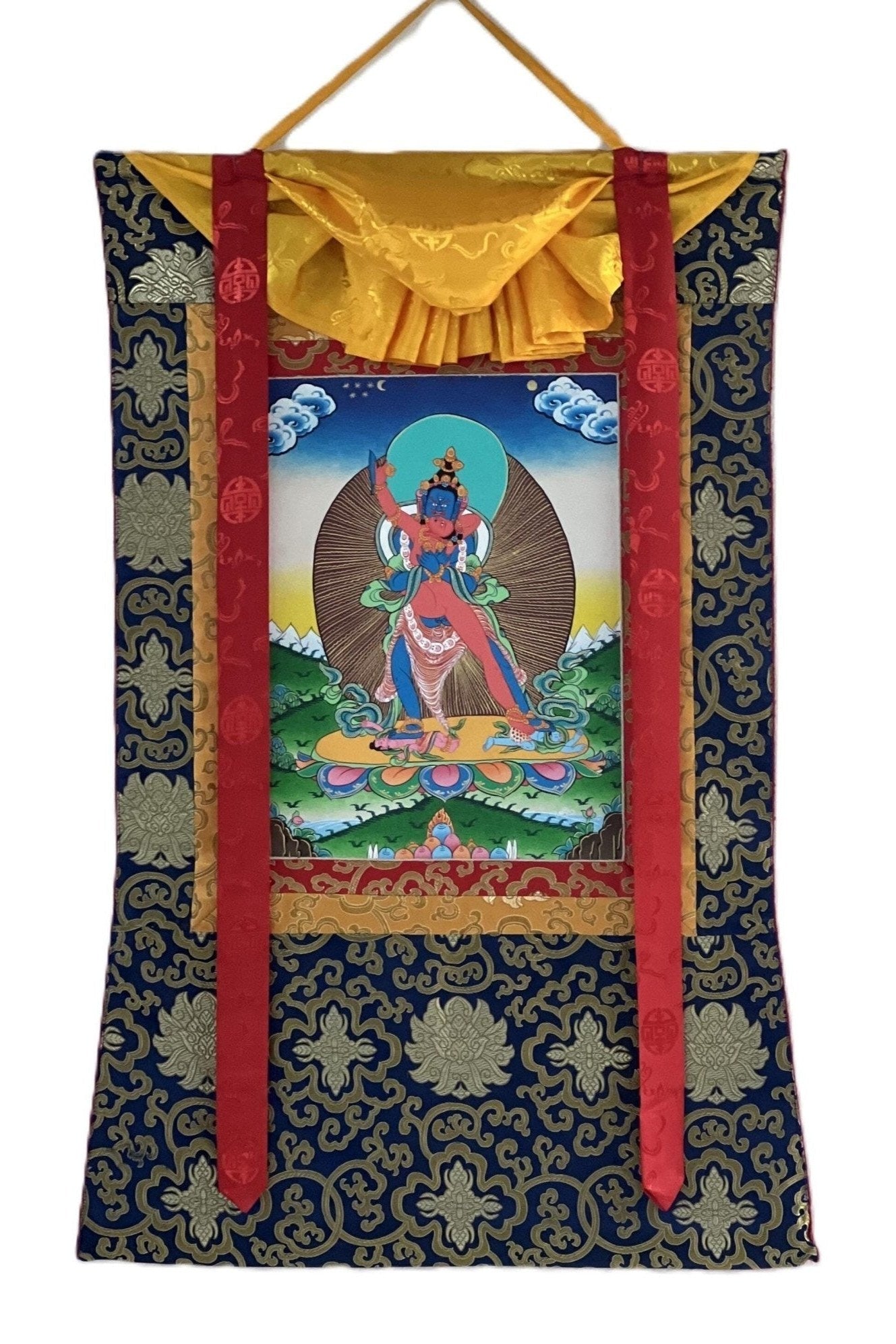 Kalachakra Deity with Visvamata in Yab - Yum (Divine Union) Original Hand - Painted Tibetan Thangka Painting Framed with Silk Brocade - Tibetan Thangka Art
