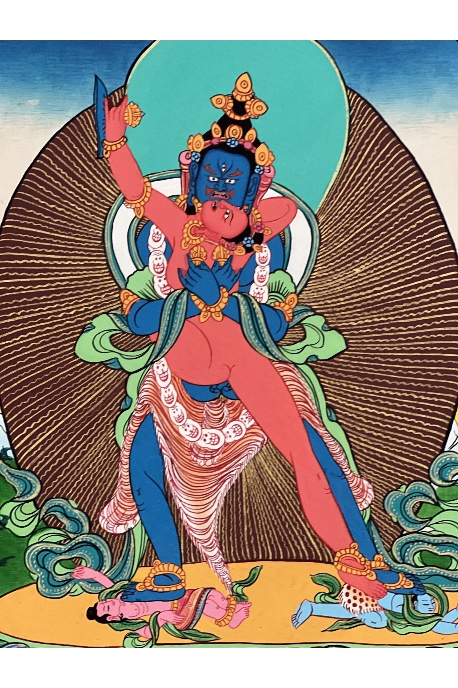 Kalachakra Deity with Visvamata in Yab - Yum (Divine Union) Original Hand - Painted Tibetan Thangka Painting Framed with Silk Brocade - Tibetan Thangka Art