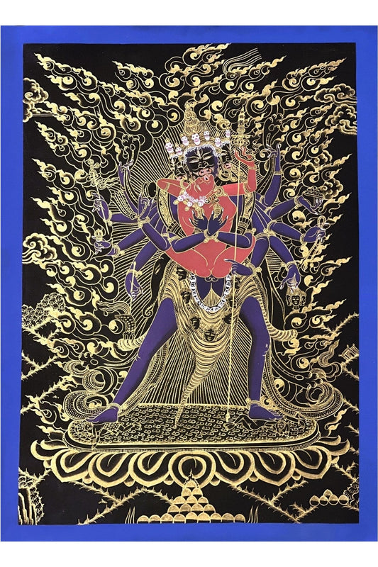 Kalachakra Deity with Visvamata in Yab - Yum (Divine Union) Original Masterpiece Black and Gold Tibetan Thangka Painting - Tibetan Thangka Art