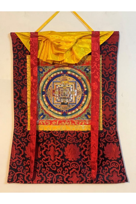 Kalachakra Mandala, Wheel of Life Tibetan Thangka Painting, Original Buddhist Meditation Art with Silk Brocade - Tibetan Thangka Art