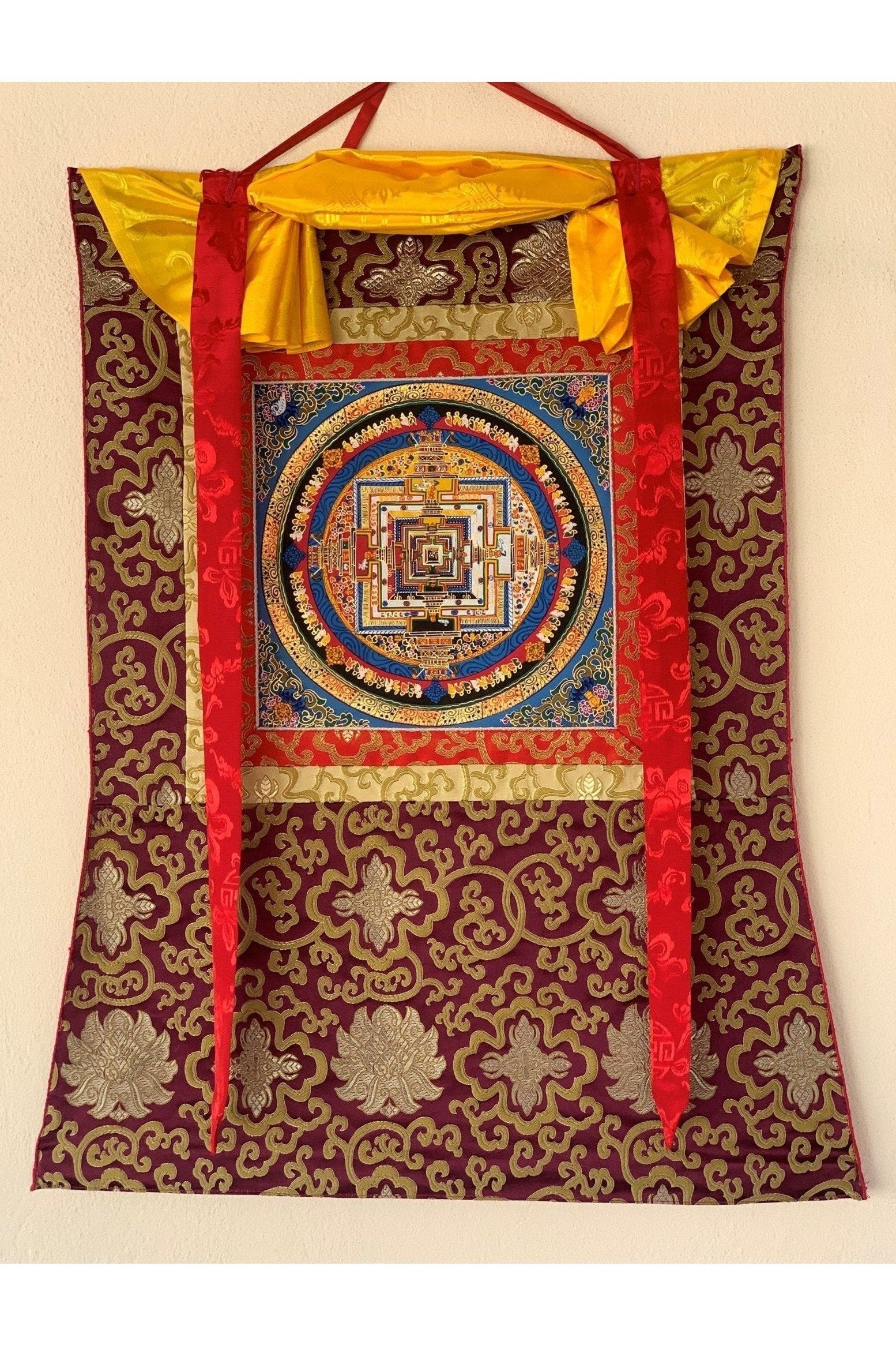 Kalachakra Mandala, Wheel of Life Tibetan Thangka Painting, Original Buddhist Meditation Art with Silk Brocade - Tibetan Thangka Art
