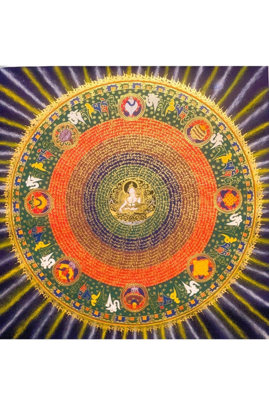 Large ( 1 x 1 Meter) White Tara Om Mantra Mandala Tibetan Thangka Painting, Original Hand - Painted Art for Meditation, Healing, Home Decor - Tibetan Thangka Art
