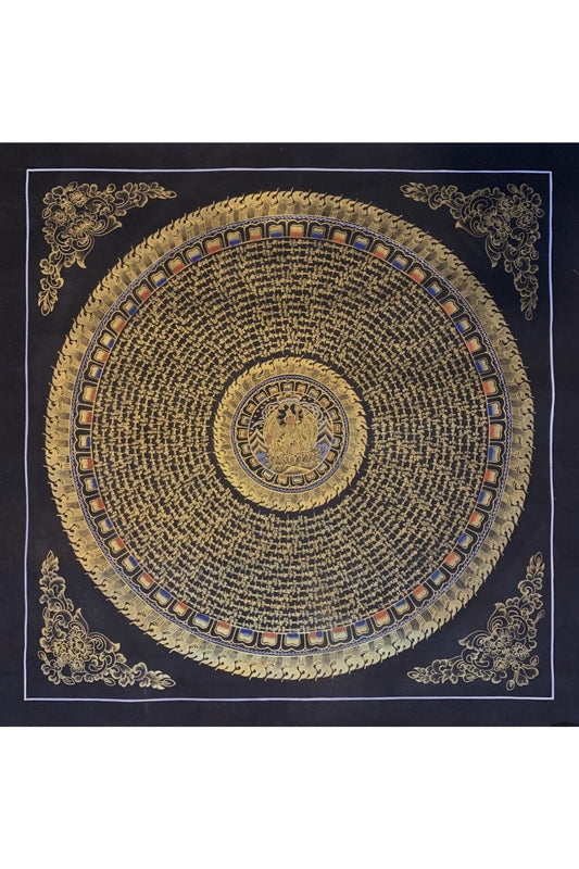 Large Black and Gold Guru Rinpoche Padmasambhava Mantra Mandala Tibetan Thangka Painting Original Hand - Painting Meditation Art Home Décor - Tibetan Thangka Art