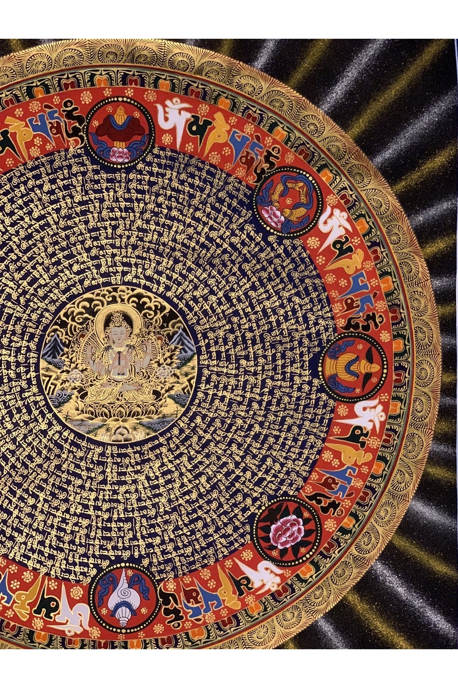 Large Chenrezig Mantra Mandala Tibetan Thangka Painting, Original Hand - Painted Art for Meditation, Healing, Home Décor - Tibetan Thangka Art