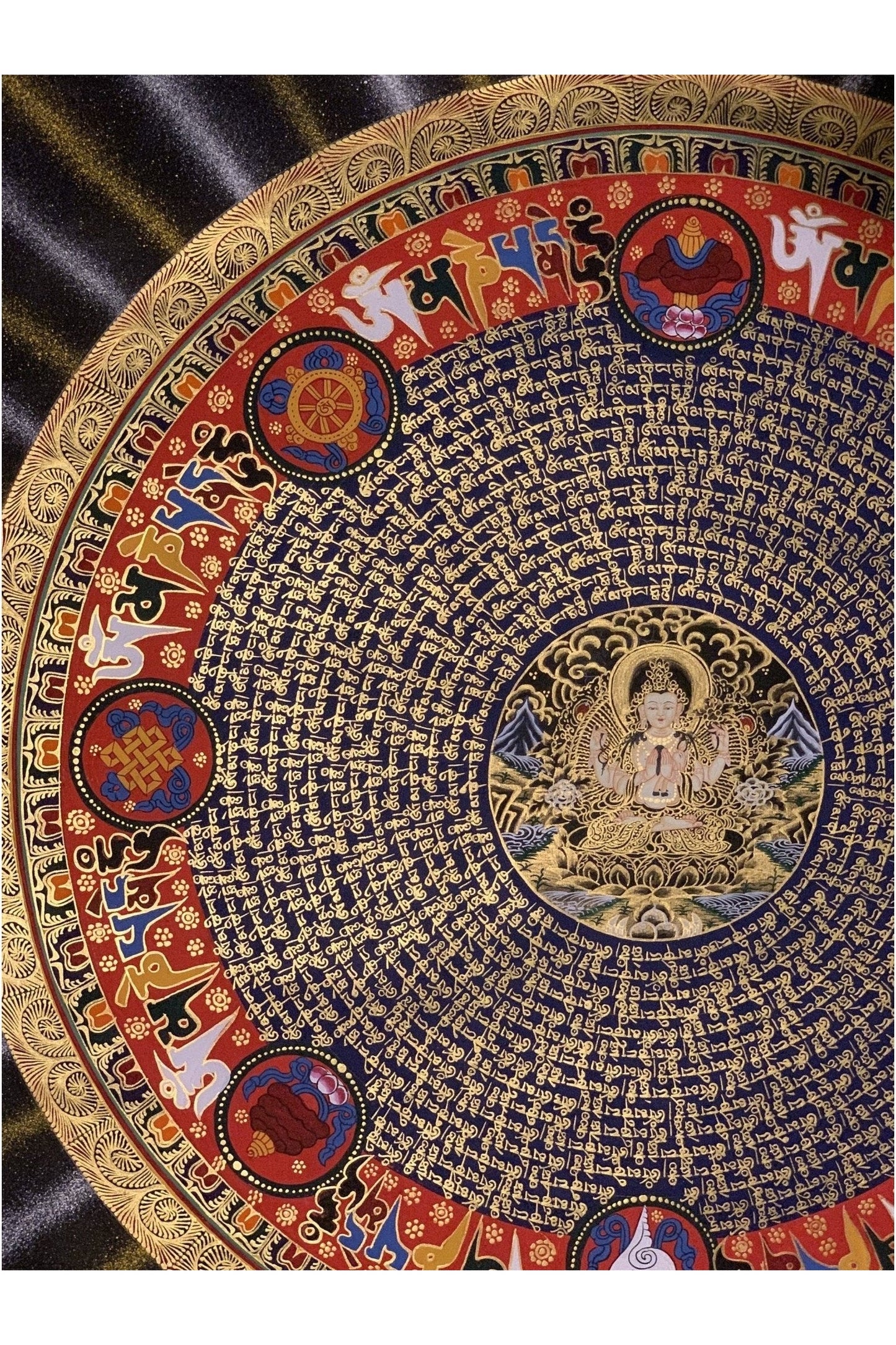 Large Chenrezig Mantra Mandala Tibetan Thangka Painting, Original Hand - Painted Art for Meditation, Healing, Home Décor - Tibetan Thangka Art