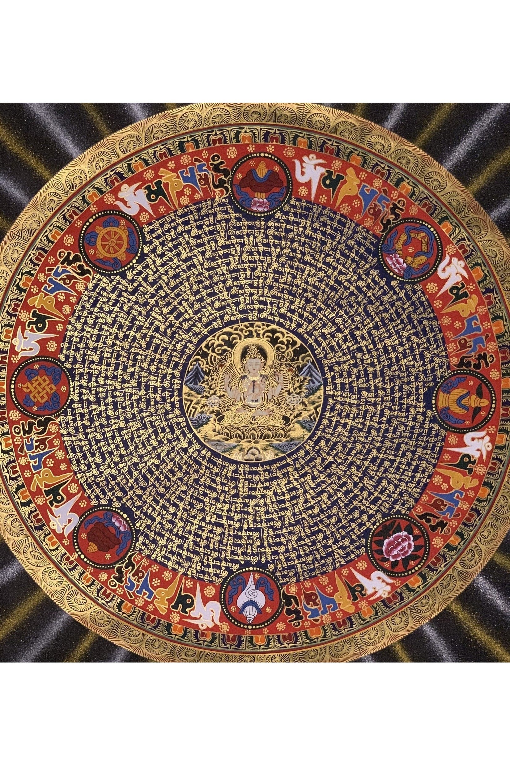 Large Chenrezig Mantra Mandala Tibetan Thangka Painting, Original Hand - Painted Art for Meditation, Healing, Home Décor - Tibetan Thangka Art