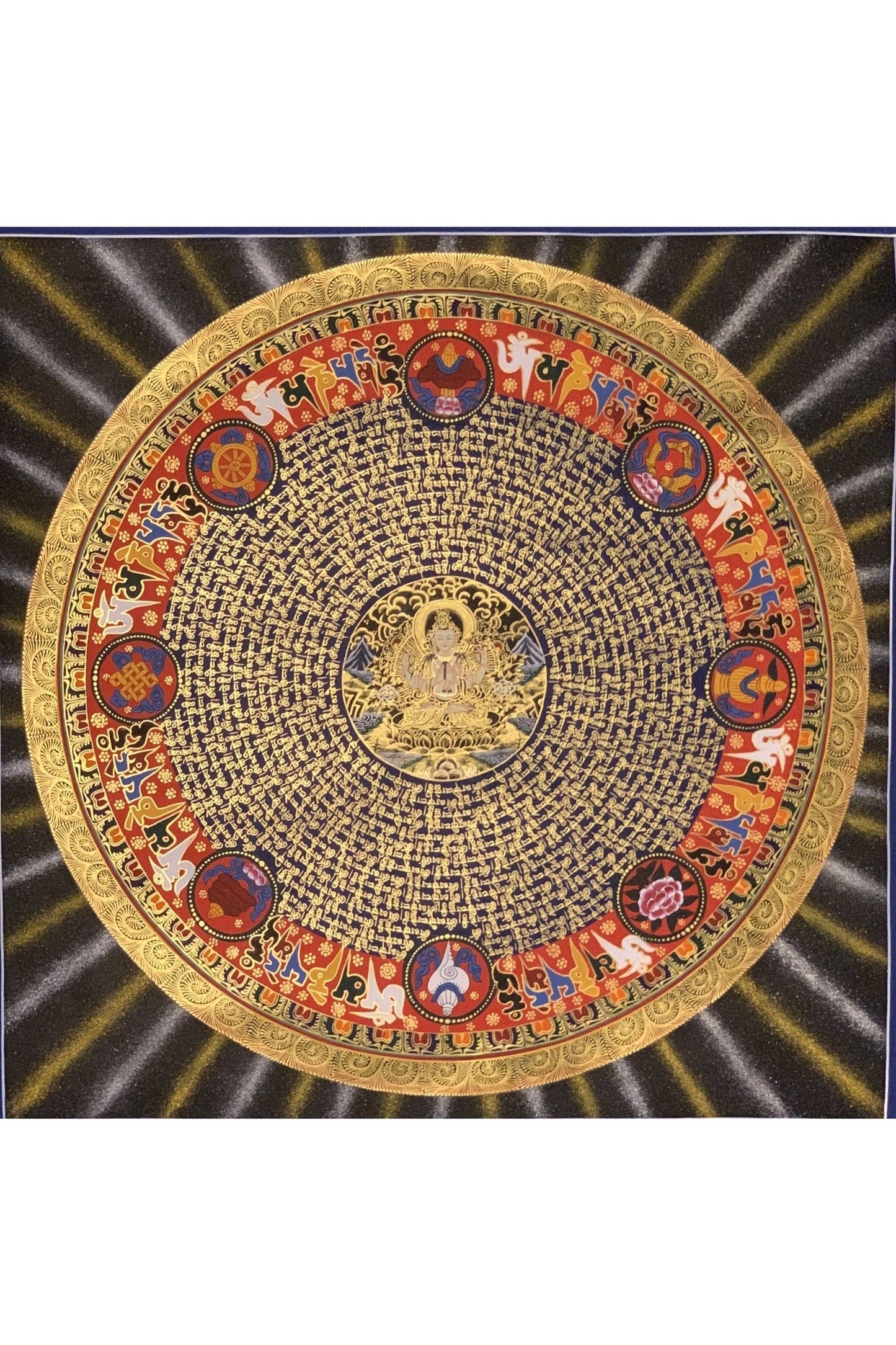 Large Chenrezig Mantra Mandala Tibetan Thangka Painting, Original Hand - Painted Art for Meditation, Healing, Home Décor - Tibetan Thangka Art