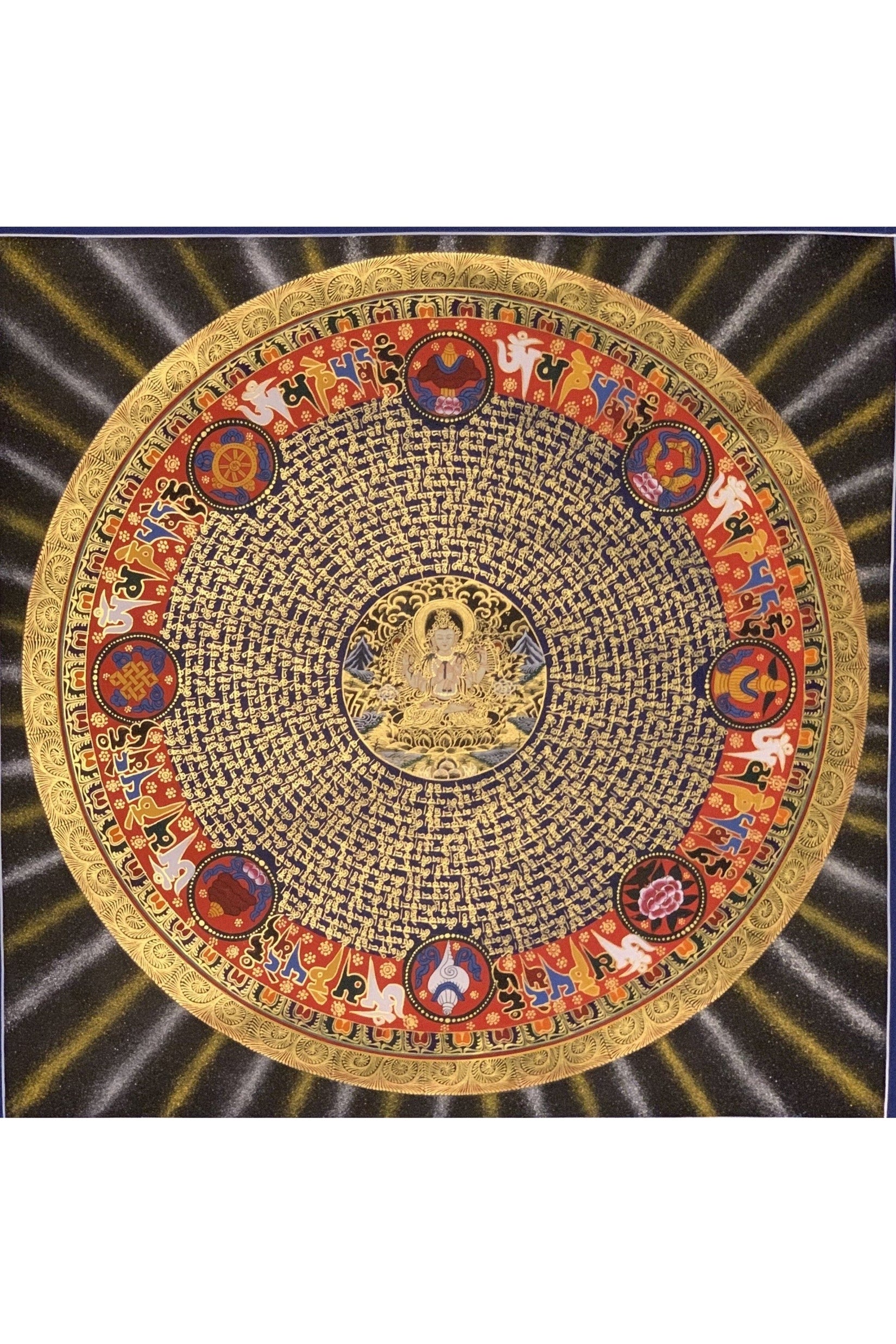 Large Chenrezig Mantra Mandala Tibetan Thangka Painting, Original Hand - Painted Art for Meditation, Healing, Home Décor - Tibetan Thangka Art