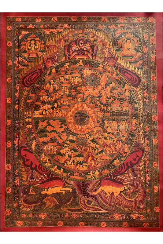 Large Masterpiece: Wheel of Life/Buddha Life/Riduk Mandala Original Oil - Varnished Tibetan Thangka Painting for Office, Home, and Shrine - Tibetan Thangka Art
