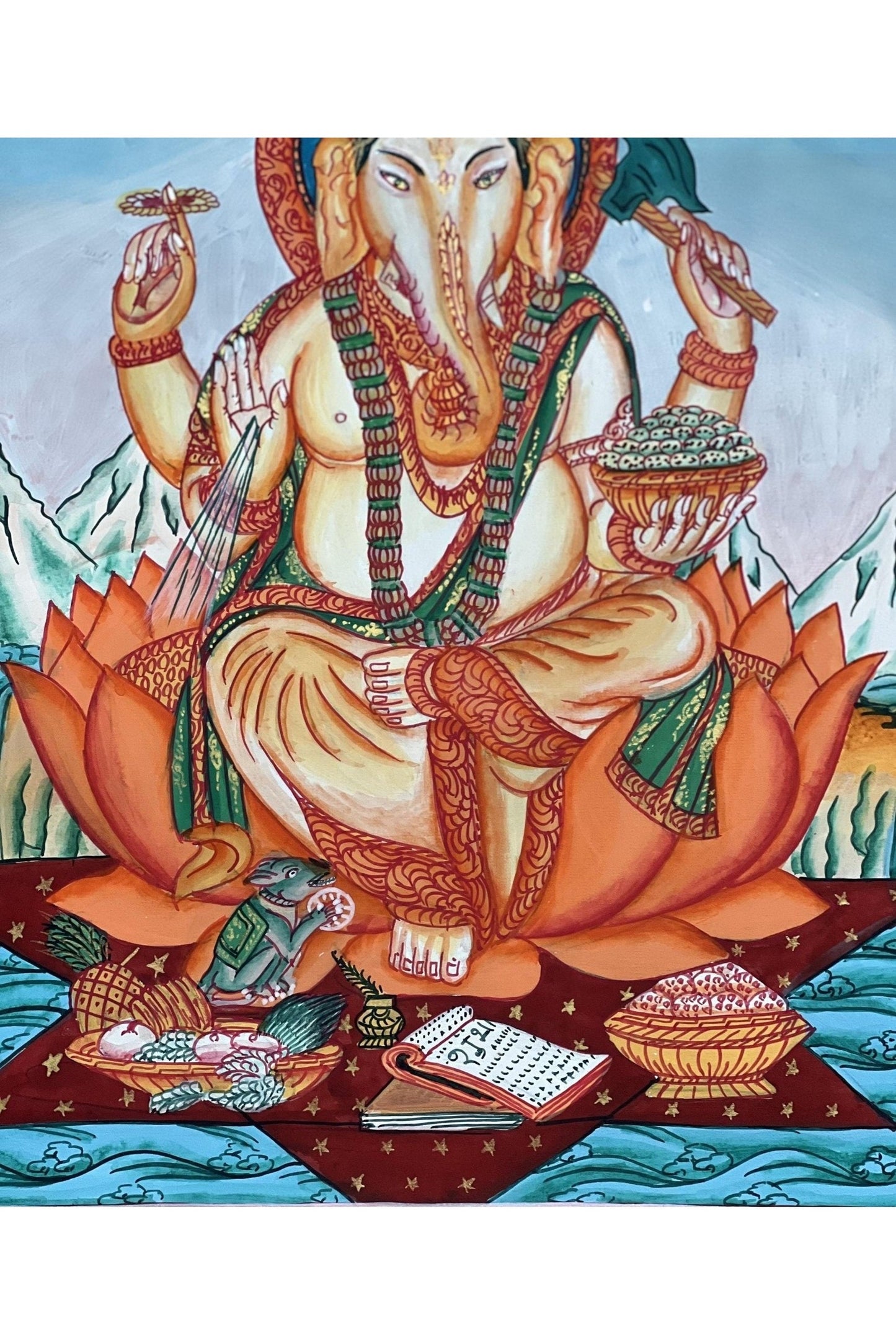 Lord Ganesha / Ganapati/Vinayaka/ Destroyer of Obstacle Newari Paubha/ Thangka Painting Original Masterpiece Hindu Art - Tibetan Thangka Art