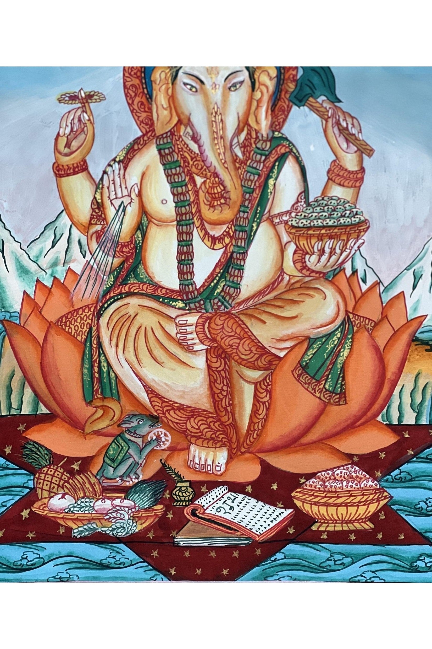 Lord Ganesha / Ganapati/Vinayaka/ Destroyer of Obstacle Newari Paubha/ Thangka Painting Original Masterpiece Hindu Art - Tibetan Thangka Art