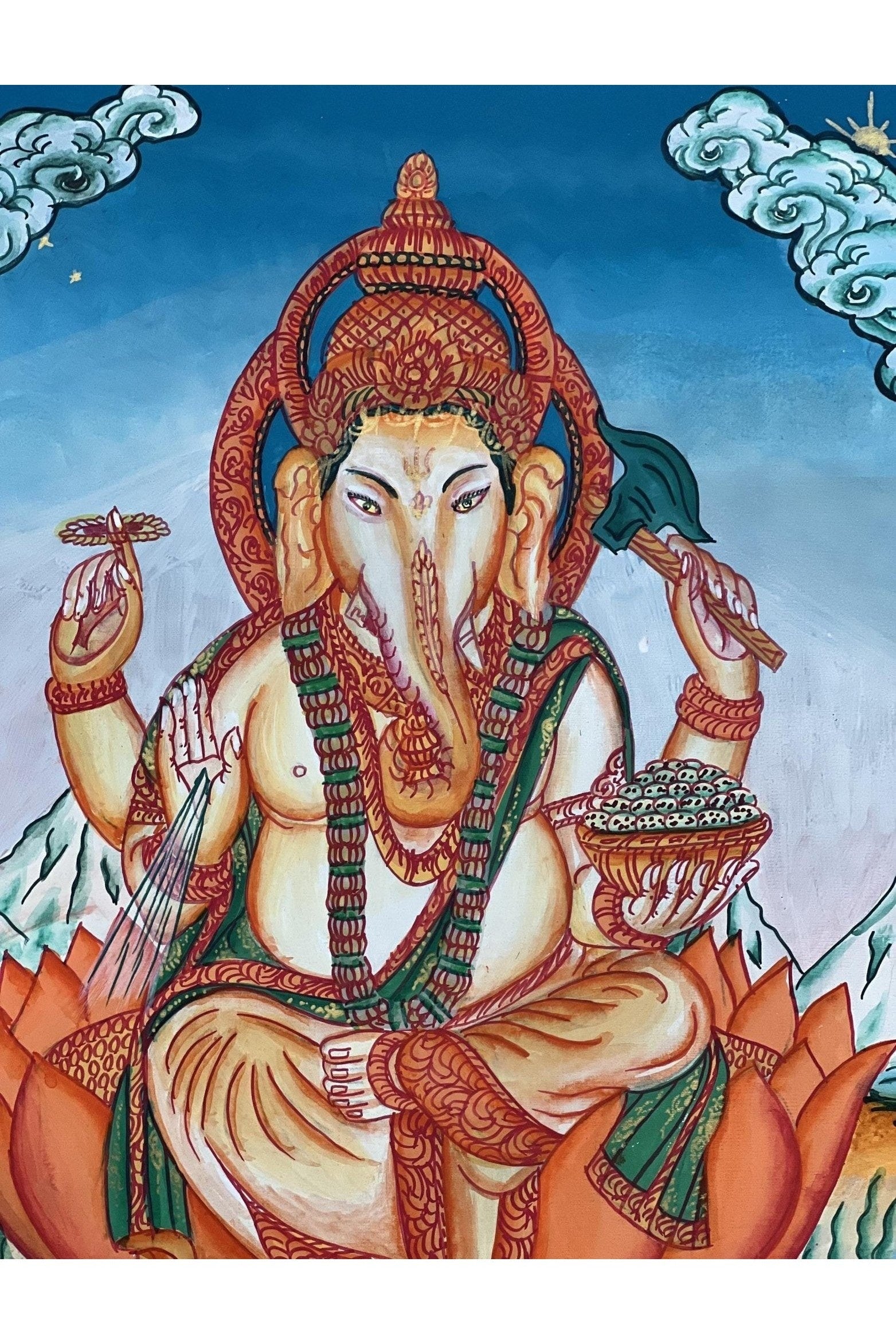 Lord Ganesha / Ganapati/Vinayaka/ Destroyer of Obstacle Newari Paubha/ Thangka Painting Original Masterpiece Hindu Art - Tibetan Thangka Art