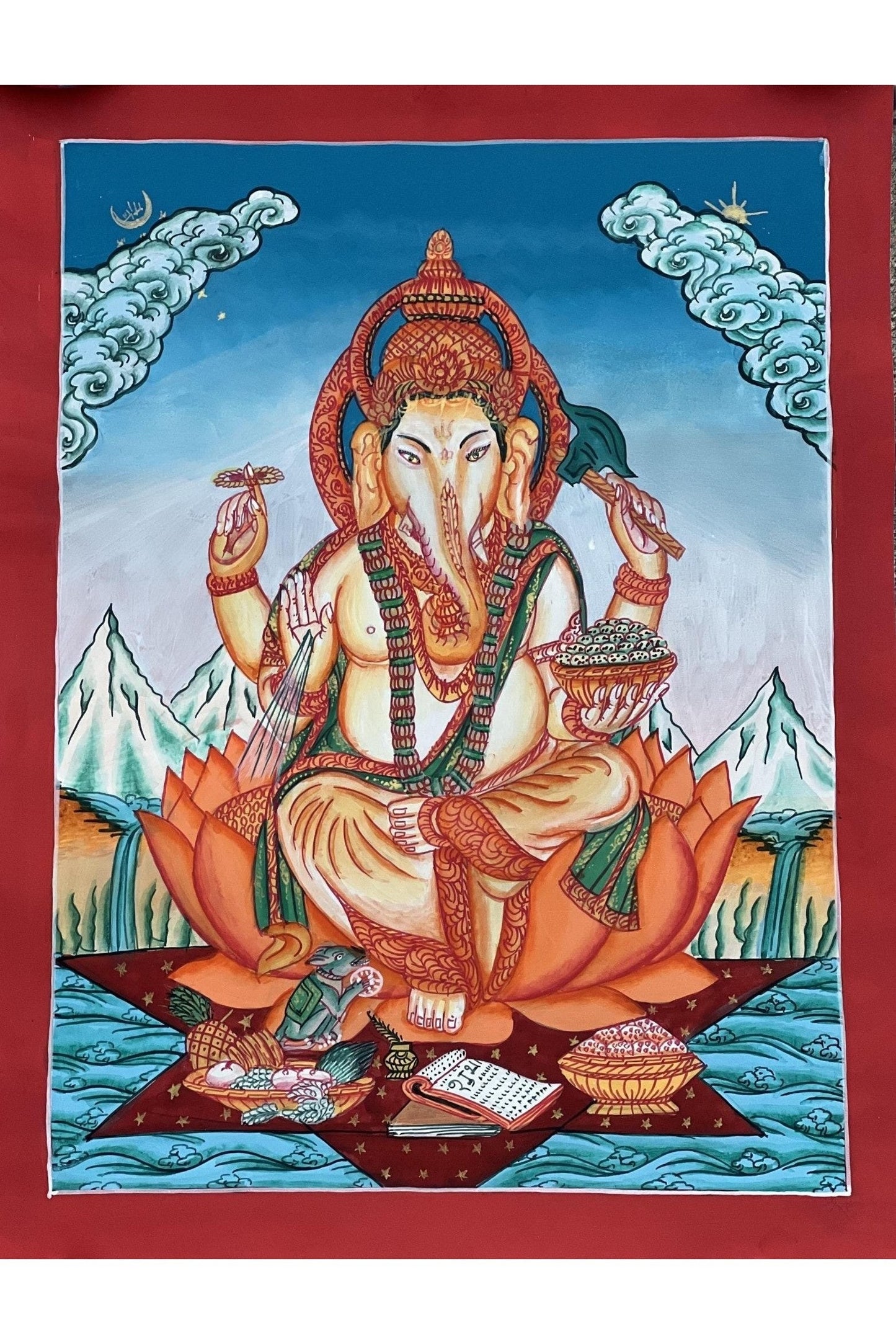 Lord Ganesha / Ganapati/Vinayaka/ Destroyer of Obstacle Newari Paubha/ Thangka Painting Original Masterpiece Hindu Art - Tibetan Thangka Art