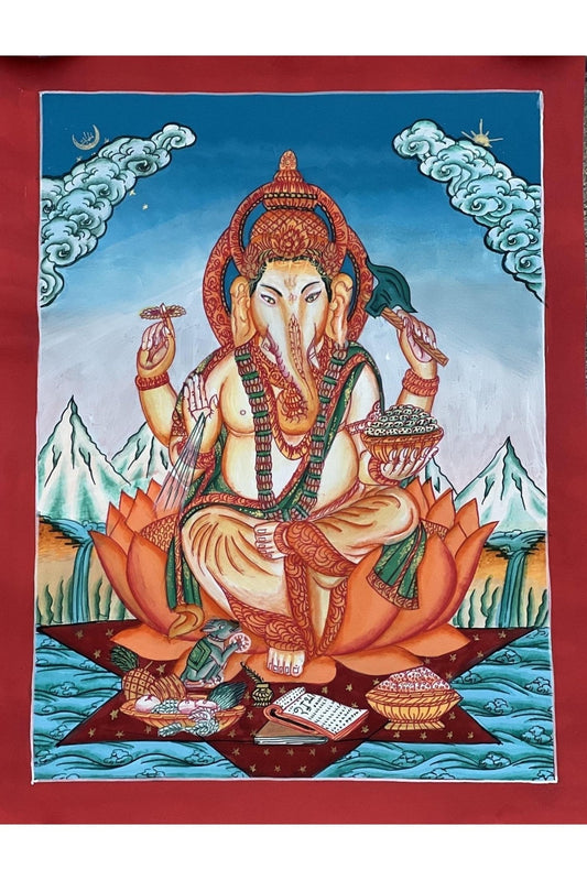 Lord Ganesha / Ganapati/Vinayaka/ Destroyer of Obstacle Newari Paubha/ Thangka Painting Original Masterpiece Hindu Art - Tibetan Thangka Art