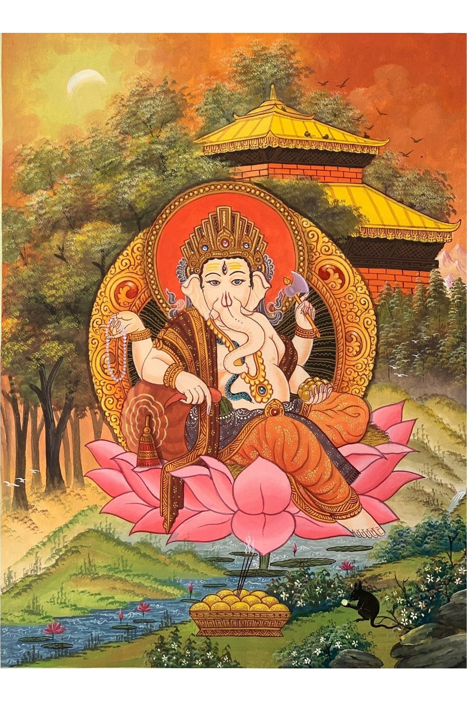 Lord Ganesha, Ganesh, Ganapati, Vinayaka, Hindu God, Master Quality Newari Paubha, Thangka Painting, Original Hand Painting/Art 15 x 20 - Inch - Tibetan Thangka Art