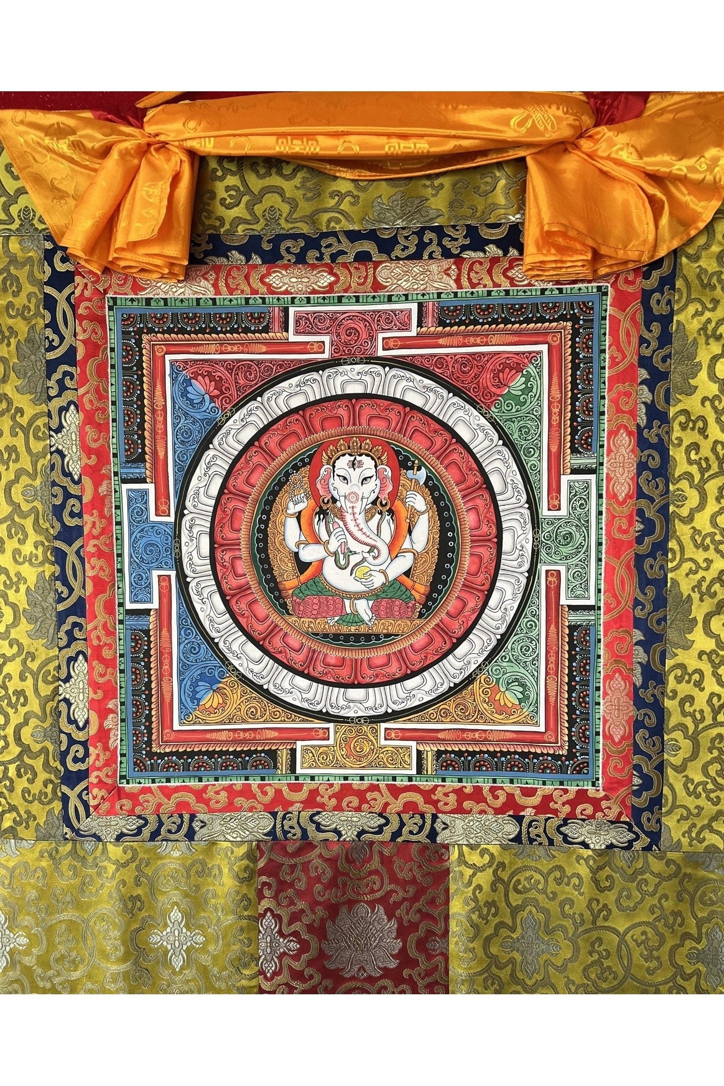 Lord Ganesha, Ganesh, Ganapati, Vinayaka in Sri Yantra, Thangka Painting, Original Art with Silk Brocade - Tibetan Thangka Art
