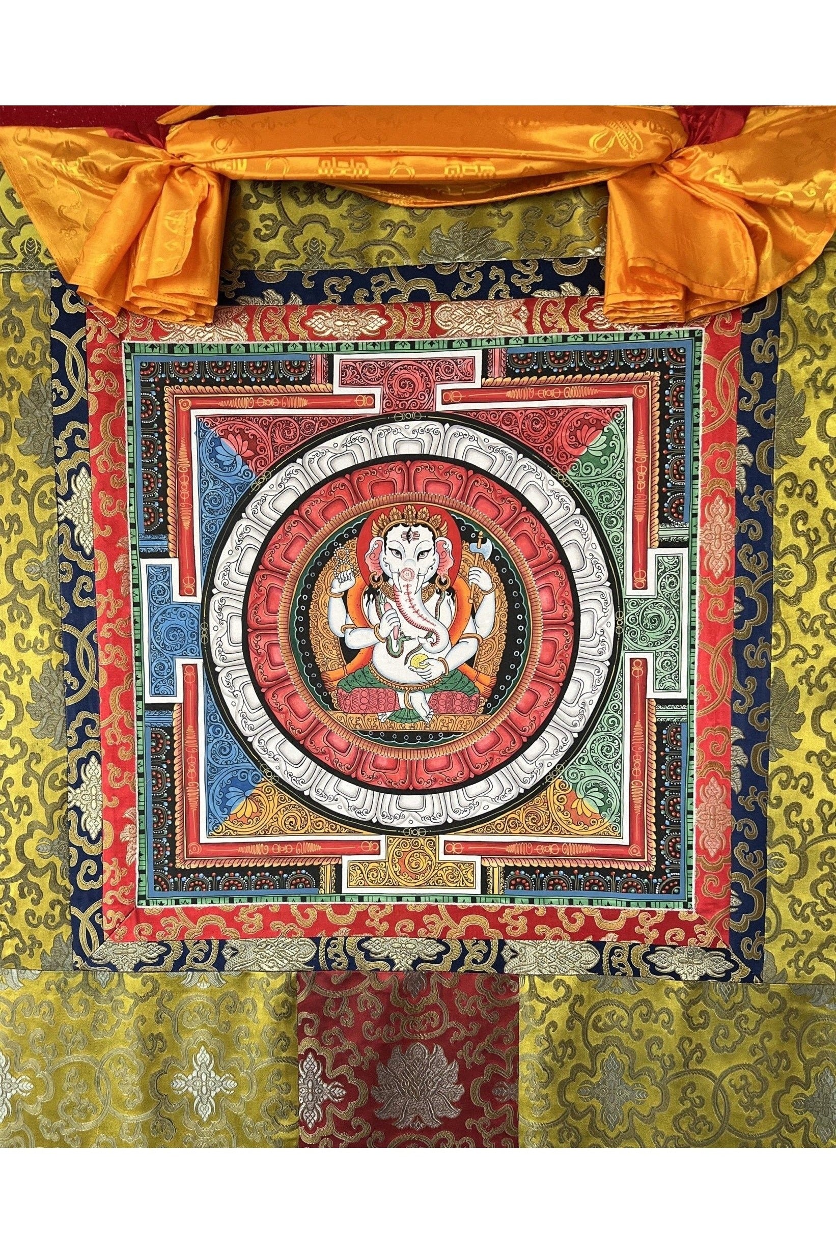 Lord Ganesha, Ganesh, Ganapati, Vinayaka in Sri Yantra, Thangka Painting, Original Art with Silk Brocade - Tibetan Thangka Art
