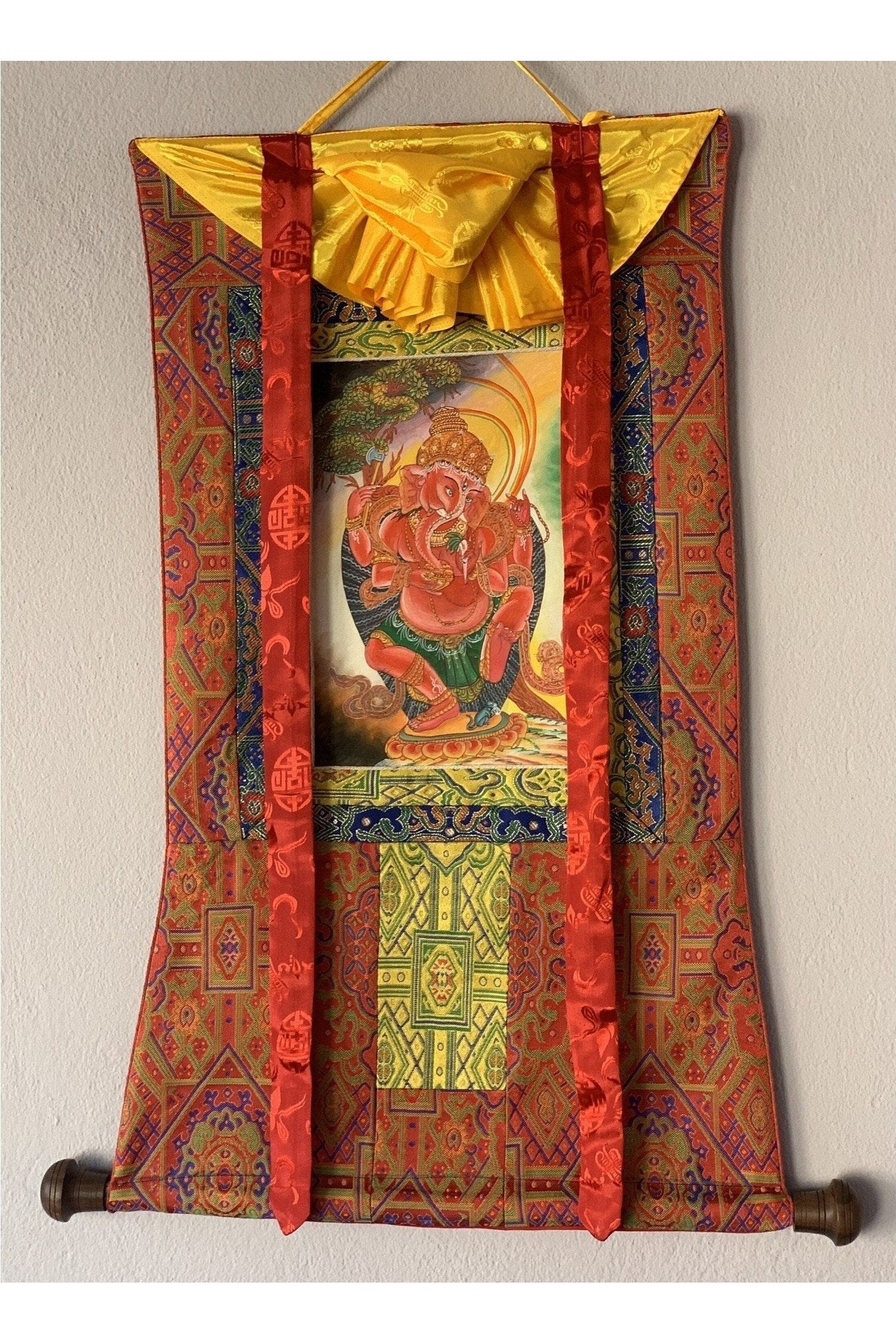 Lord Ganesha Ganesh Ganapati Vinayaka Newari Pauba Thangka Painting Original Art with Premium Silk Brocade - Tibetan Thangka Art