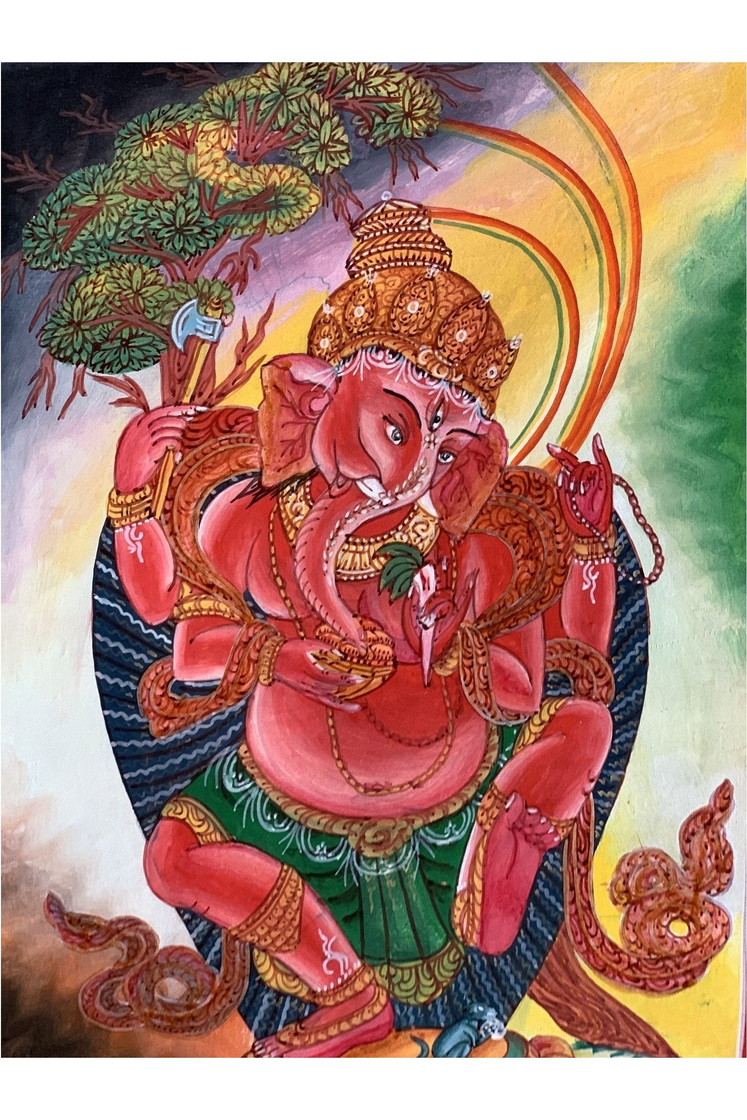 Lord Ganesha Ganesh Ganapati Vinayaka Newari Pauba Thangka Painting Original Art with Premium Silk Brocade - Tibetan Thangka Art