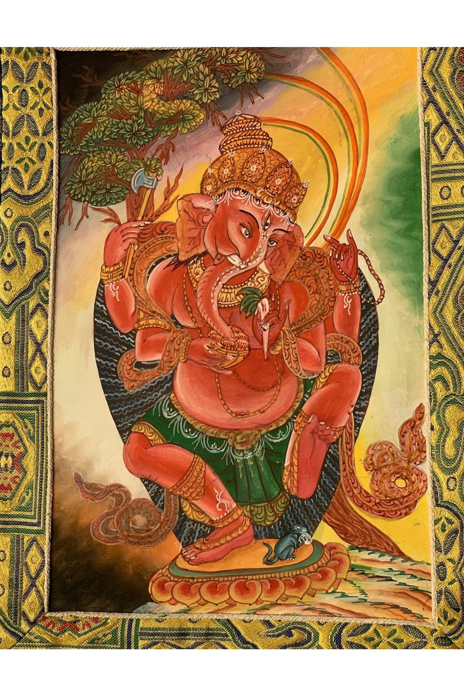 Lord Ganesha Ganesh Ganapati Vinayaka Newari Pauba Thangka Painting Original Art with Premium Silk Brocade - Tibetan Thangka Art
