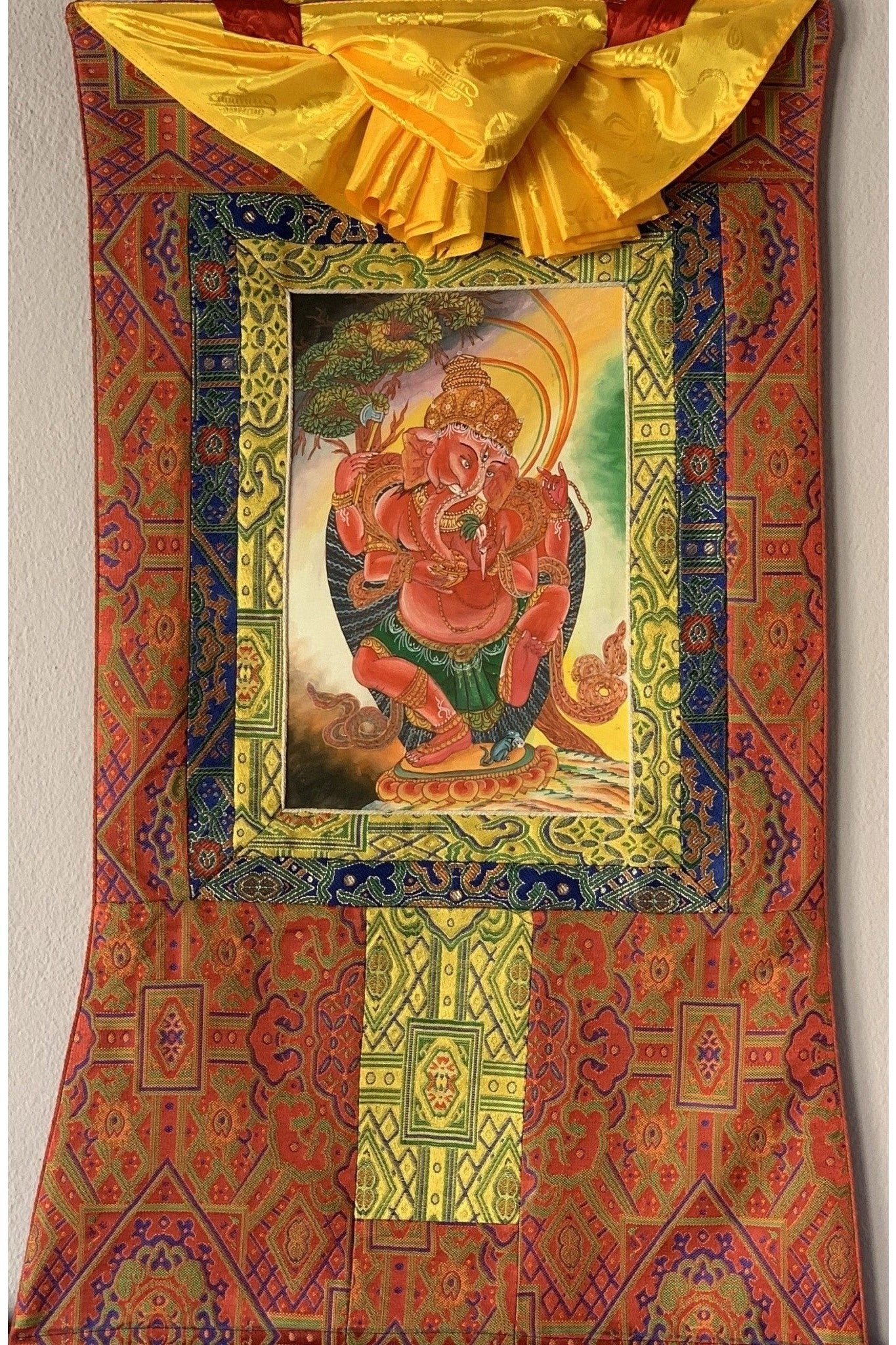 Lord Ganesha Ganesh Ganapati Vinayaka Newari Pauba Thangka Painting Original Art with Premium Silk Brocade - Tibetan Thangka Art